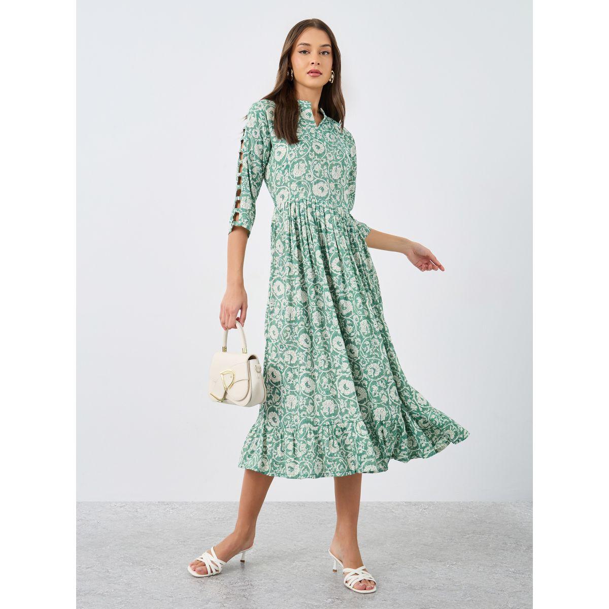 فستان ميدي بطبعة زهور مع حافة كشكش-women-clothing-dresses-image-1