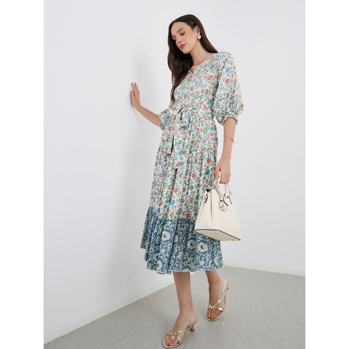 فستان ميدي بطبعة زهور مع ربطة خصر-women-clothing-dresses-image-1