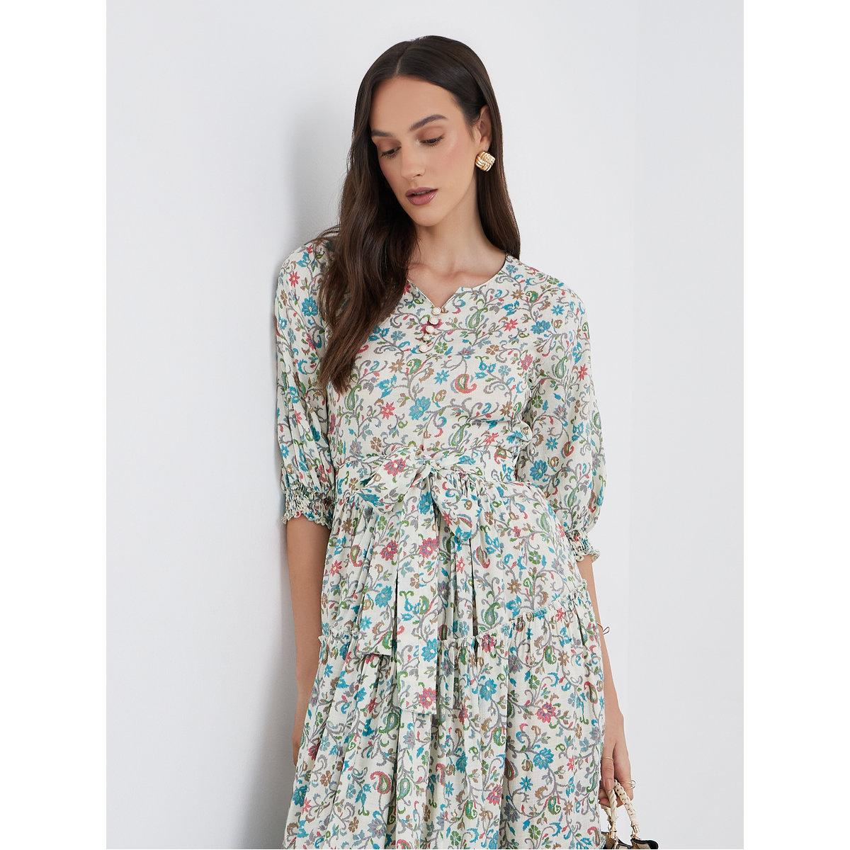 فستان ميدي بطبعة زهور مع ربطة خصر-women-clothing-dresses-image-2