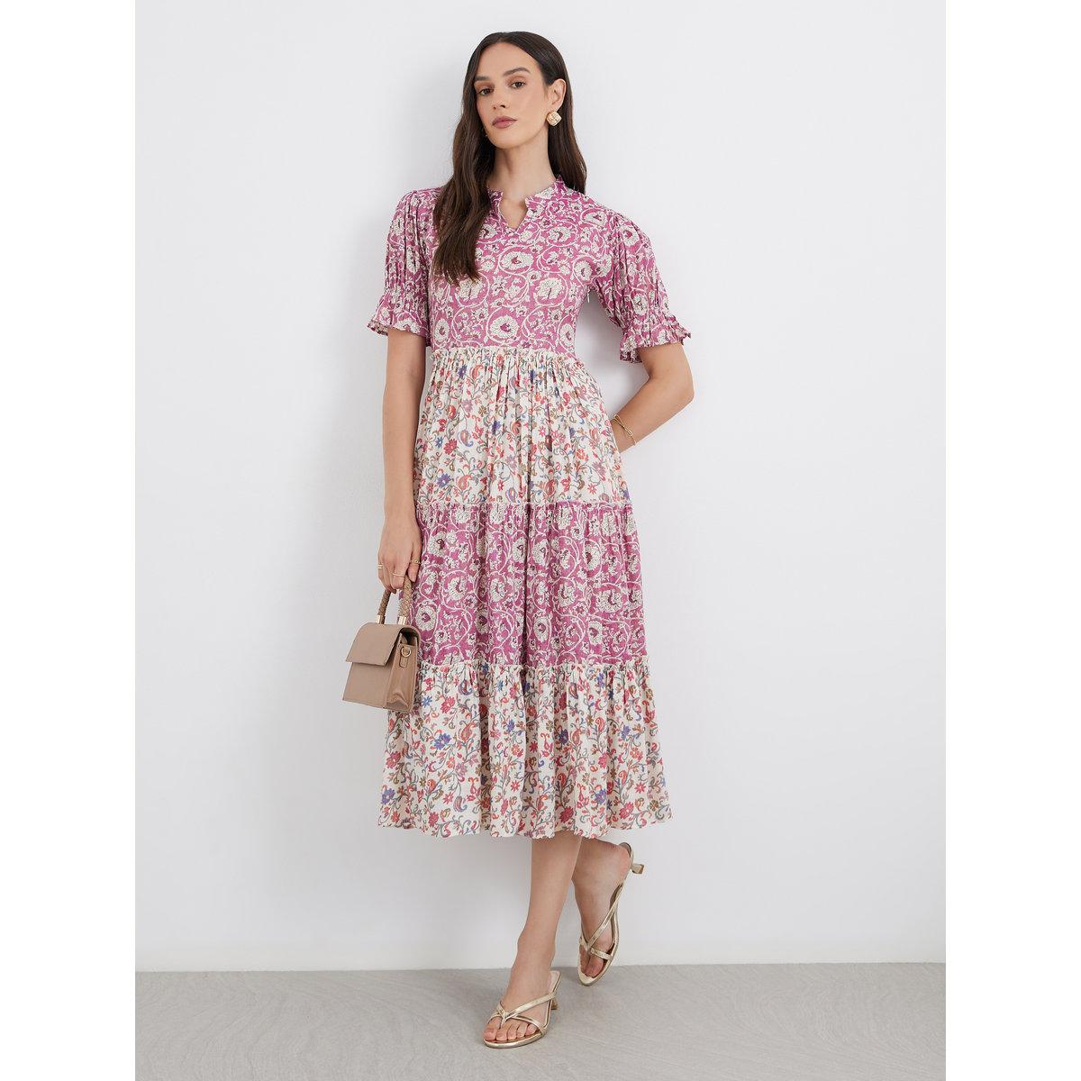 فستان ميدي مُطبع بالكامل بتفاصيل كسرات-women-clothing-dresses-image-1