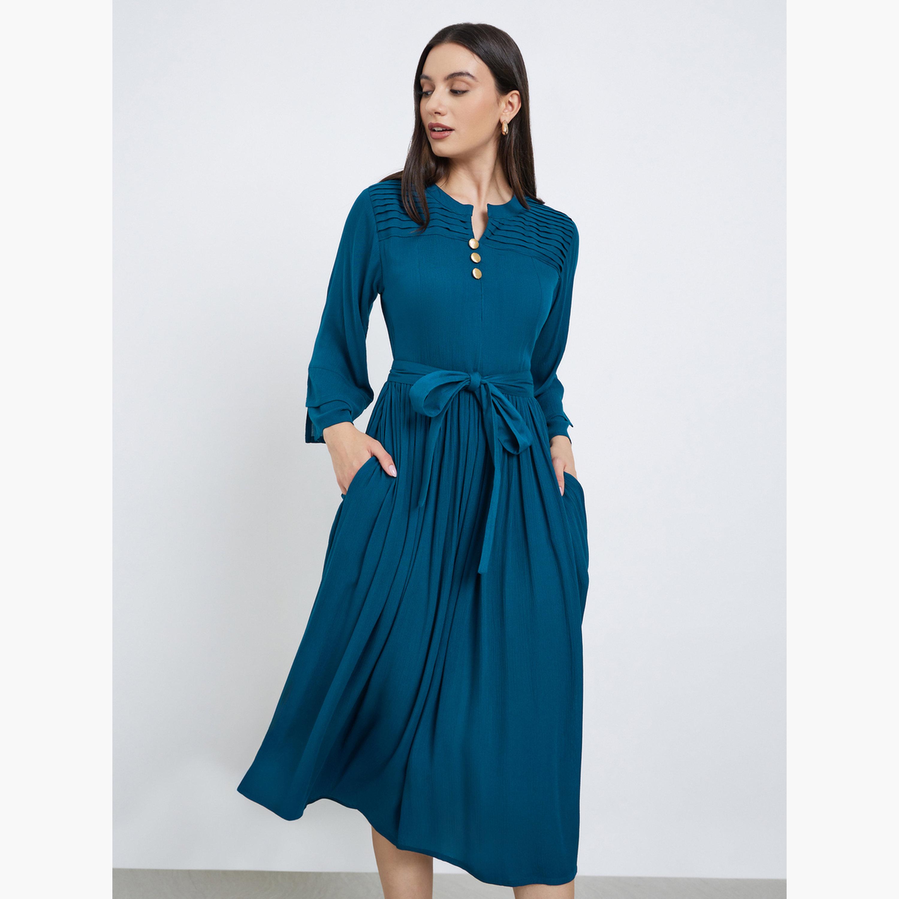 Maxim Creation Teal Pintuck Panel Midi Dress with Tie Belt-women-clothing-dresses-image-1