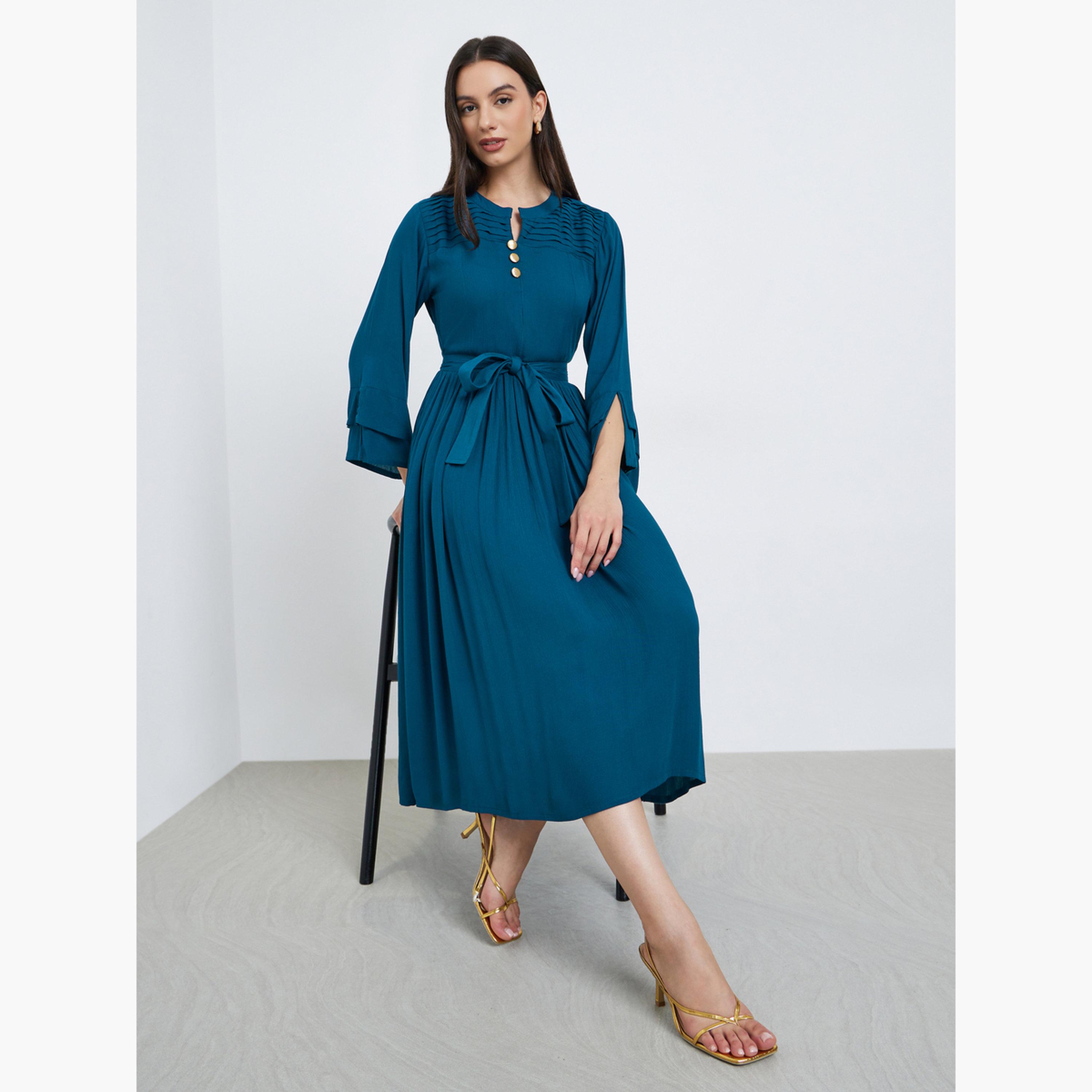 Maxim Creation Teal Pintuck Panel Midi Dress with Tie Belt-women-clothing-dresses-image-2
