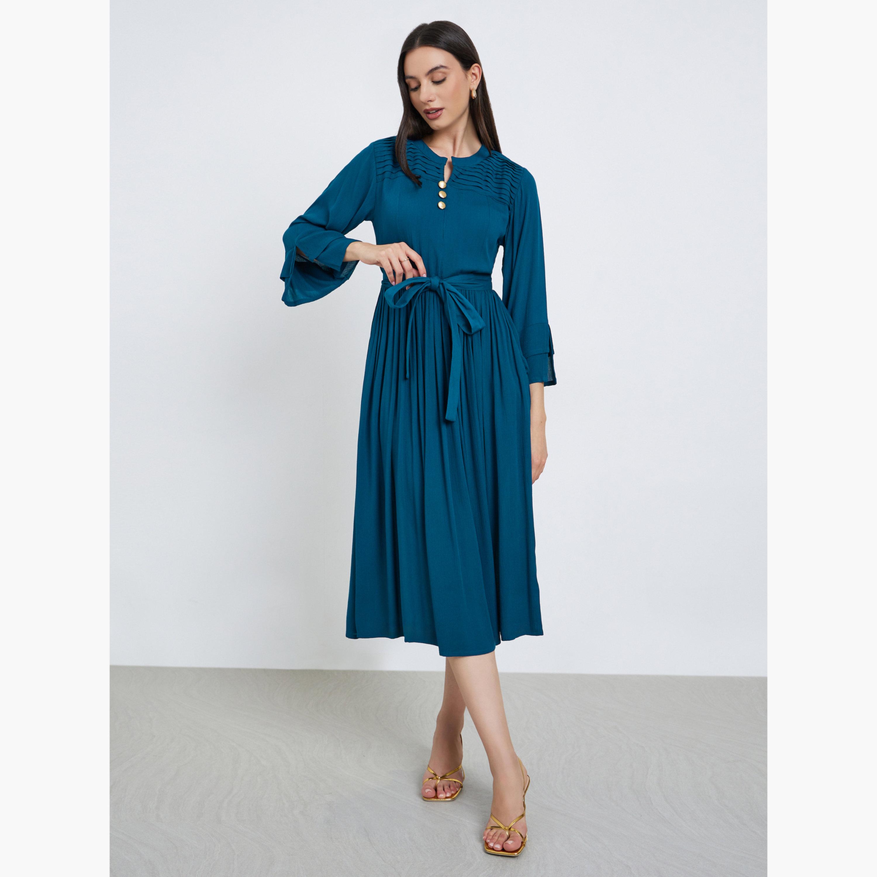 Maxim Creation Teal Pintuck Panel Midi Dress with Tie Belt-women-clothing-dresses-image-3