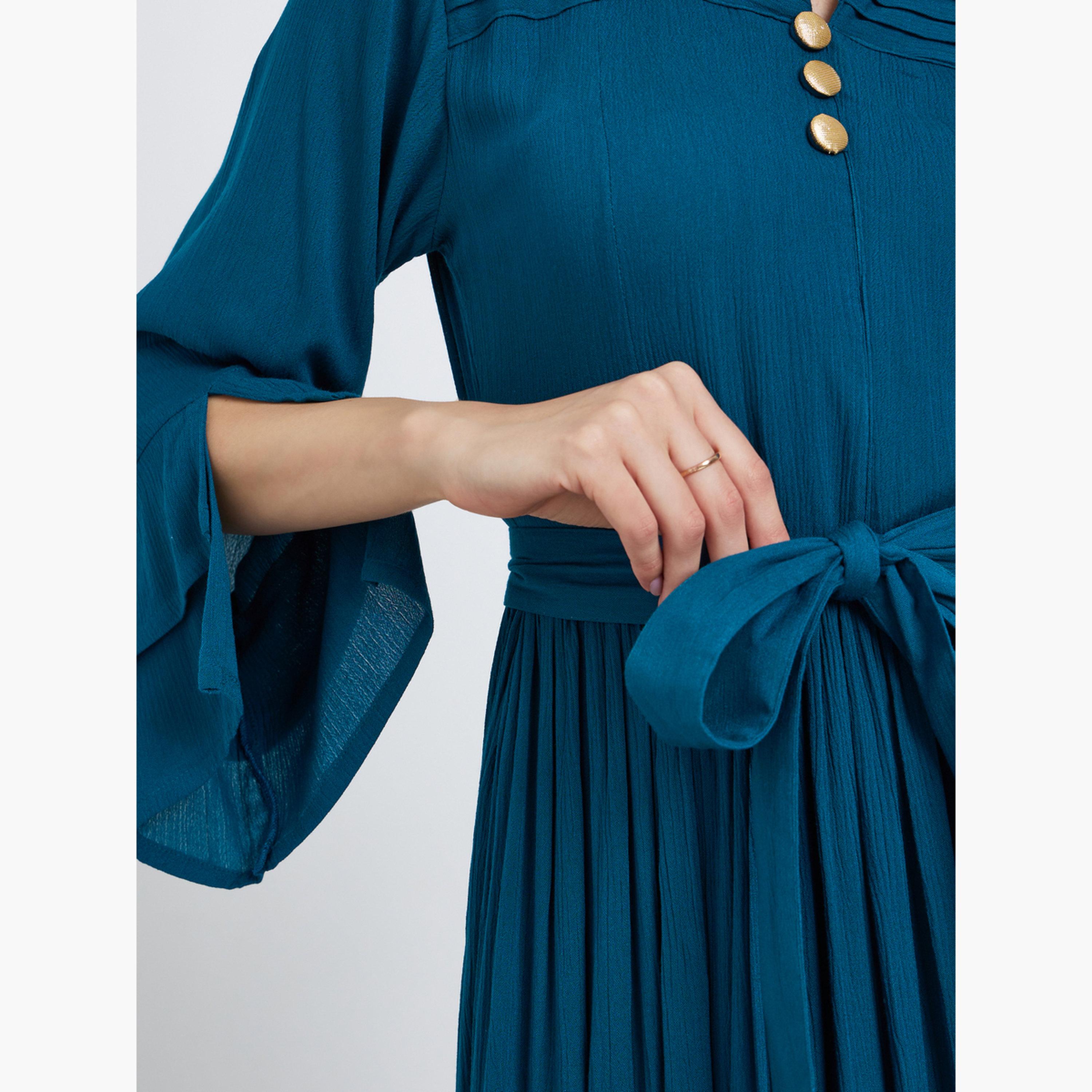 Maxim Creation Teal Pintuck Panel Midi Dress with Tie Belt-women-clothing-dresses-image-4