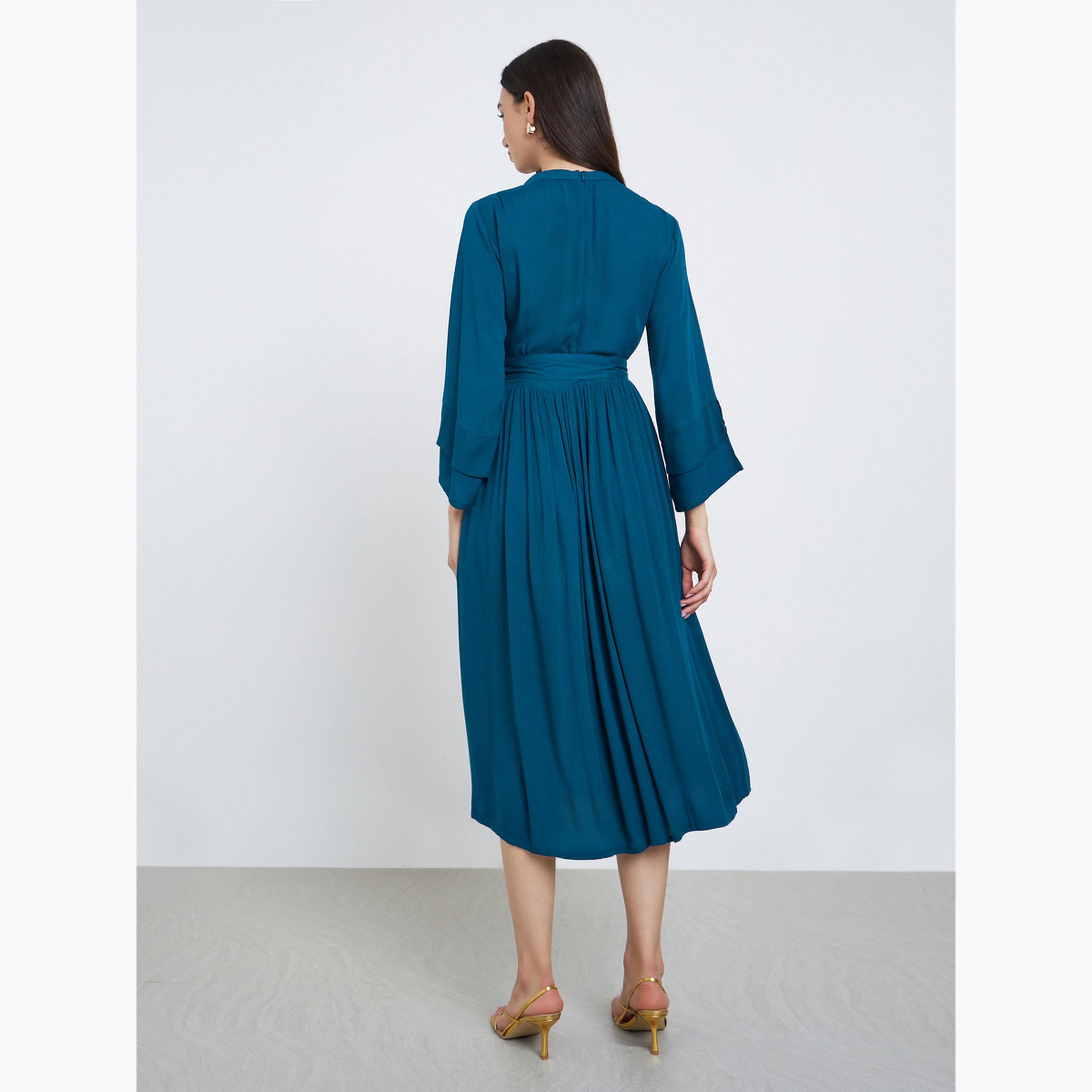 Maxim Creation Teal Pintuck Panel Midi Dress with Tie Belt-women-clothing-dresses-image-5