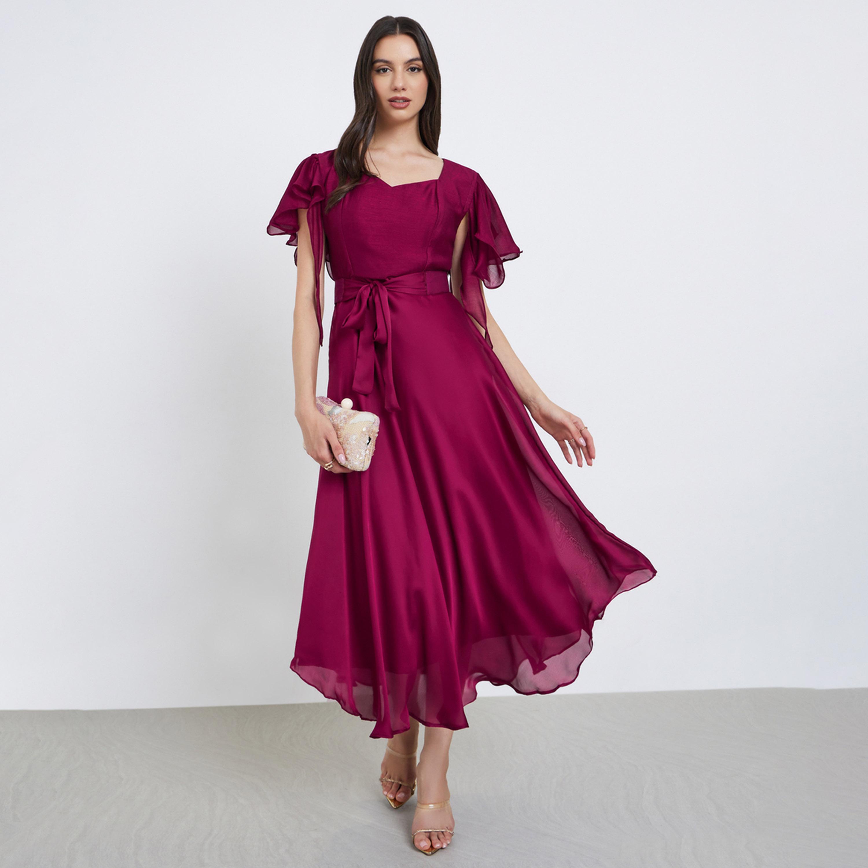 ماكسيم كريشن - فستان قلم رصاص من قماش حريري مع حزام وأكمام مجعدة-women-clothing-dresses-image-1