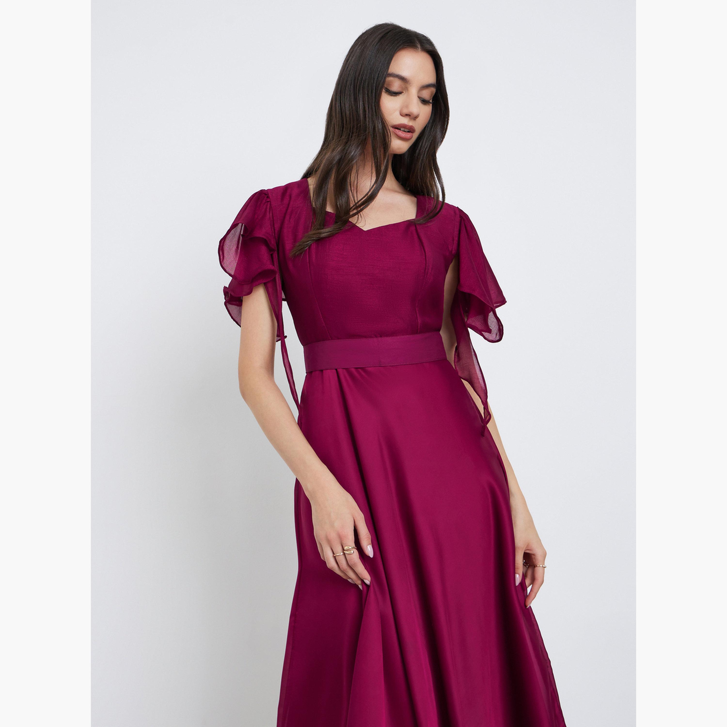 ماكسيم كريشن - فستان قلم رصاص من قماش حريري مع حزام وأكمام مجعدة-women-clothing-dresses-image-2
