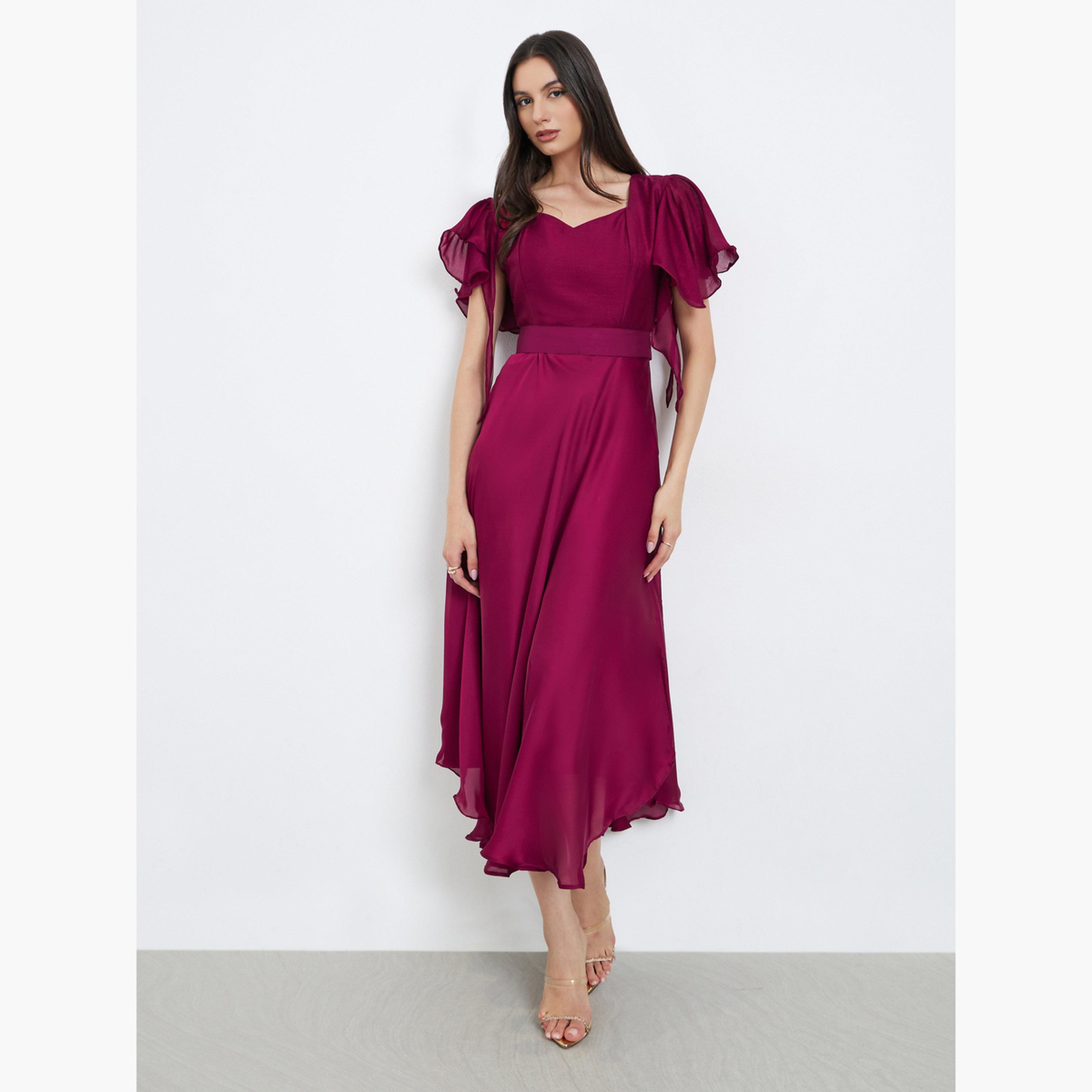 ماكسيم كريشن - فستان قلم رصاص من قماش حريري مع حزام وأكمام مجعدة-women-clothing-dresses-image-3