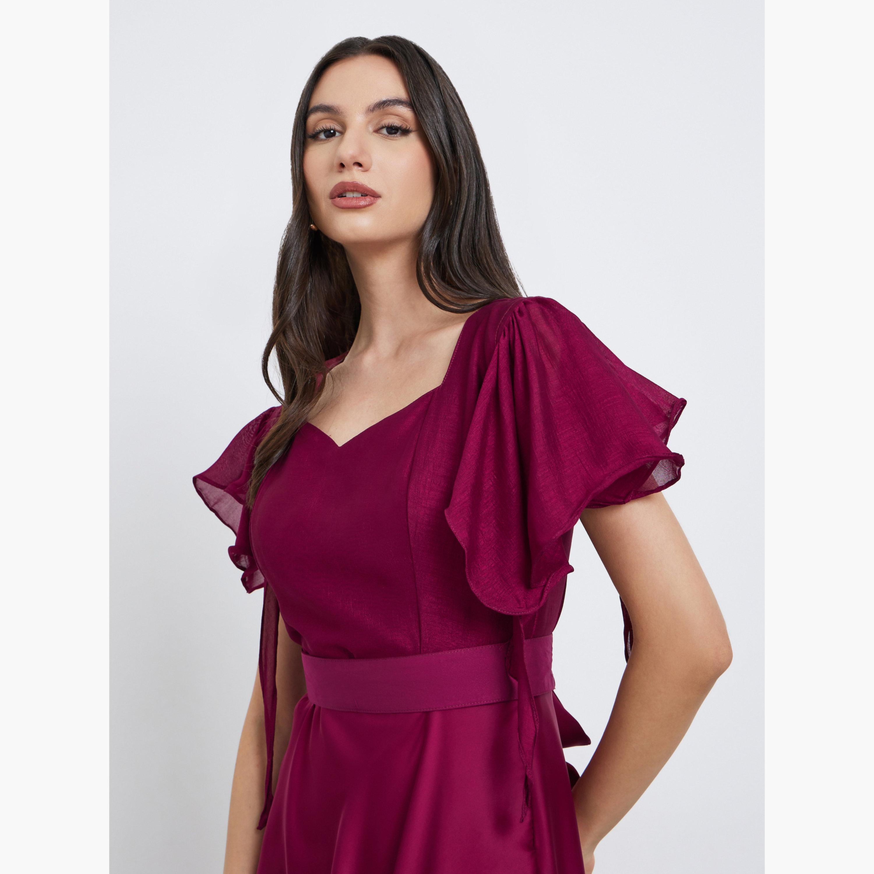 ماكسيم كريشن - فستان قلم رصاص من قماش حريري مع حزام وأكمام مجعدة-women-clothing-dresses-image-4