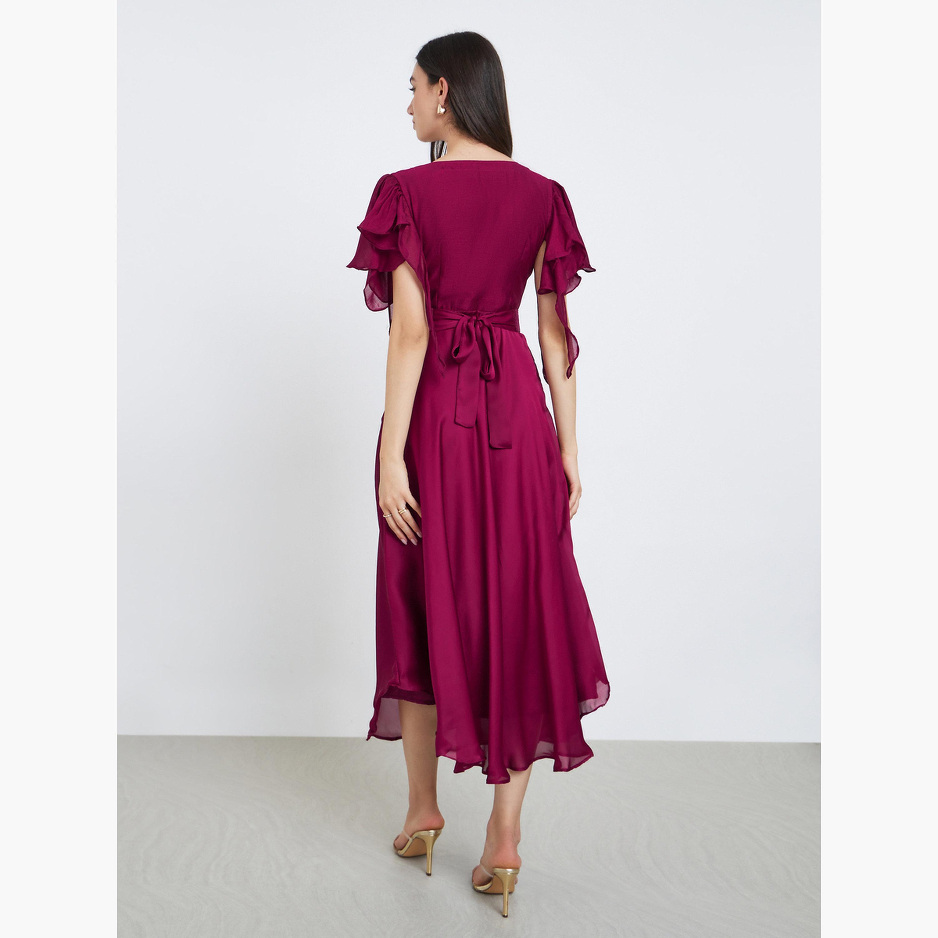 ماكسيم كريشن - فستان قلم رصاص من قماش حريري مع حزام وأكمام مجعدة-women-clothing-dresses-image-5