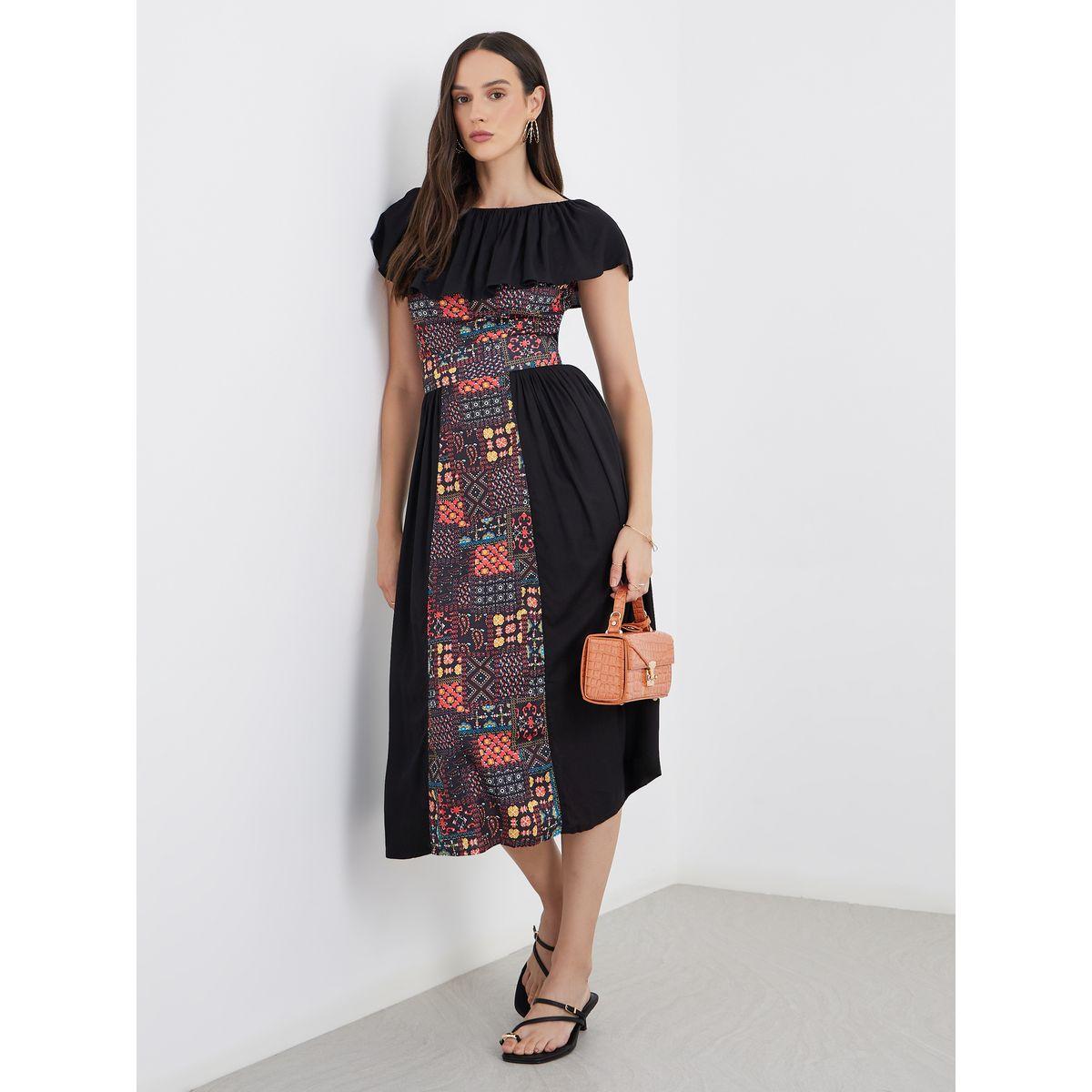 فستان ميدي مزين بطبعة وبدون أكتاف-women-clothing-dresses-image-1