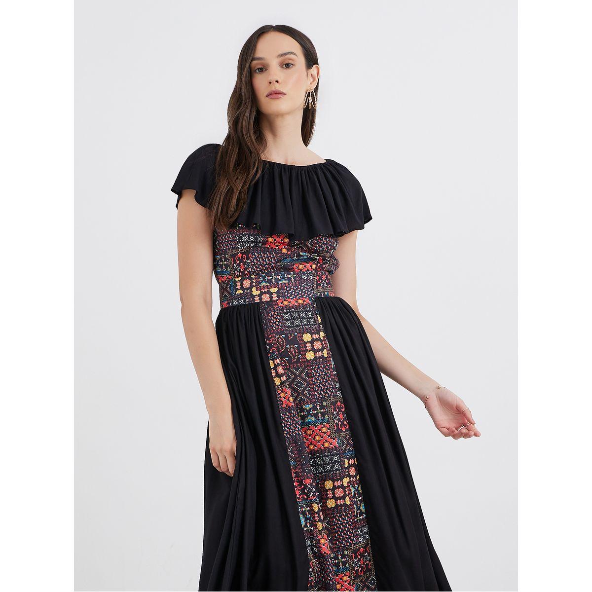 فستان ميدي مزين بطبعة وبدون أكتاف-women-clothing-dresses-image-2