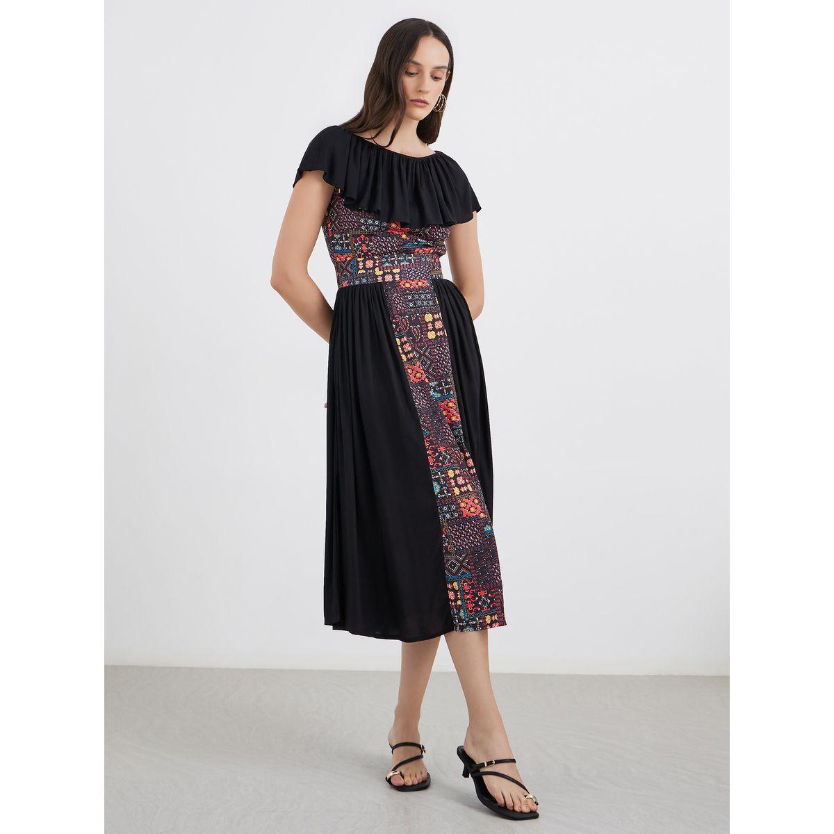 فستان ميدي مزين بطبعة وبدون أكتاف-women-clothing-dresses-image-3