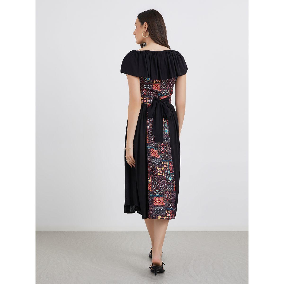 فستان ميدي مزين بطبعة وبدون أكتاف-women-clothing-dresses-image-5