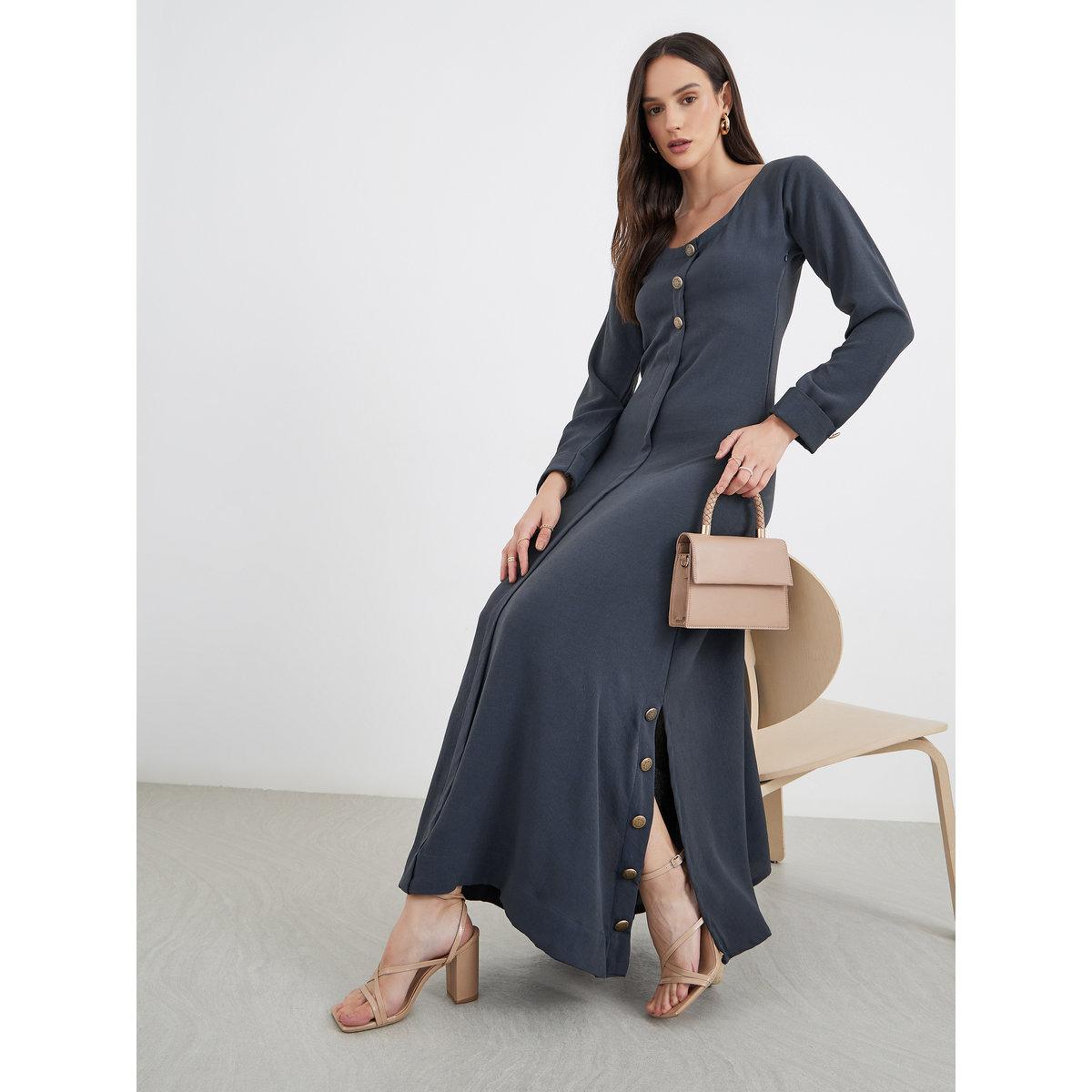 Maxim Creation Women Grey Maxi Dress with Buttons-women-clothing-dresses-image-1
