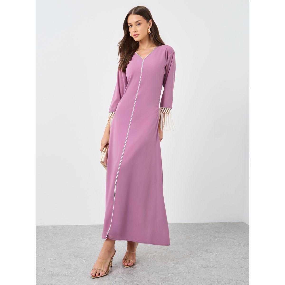 Maxim Creation Solid V-Neck A-Line Maxi Dress with Tassel Detail-women-clothing-dresses-image-1