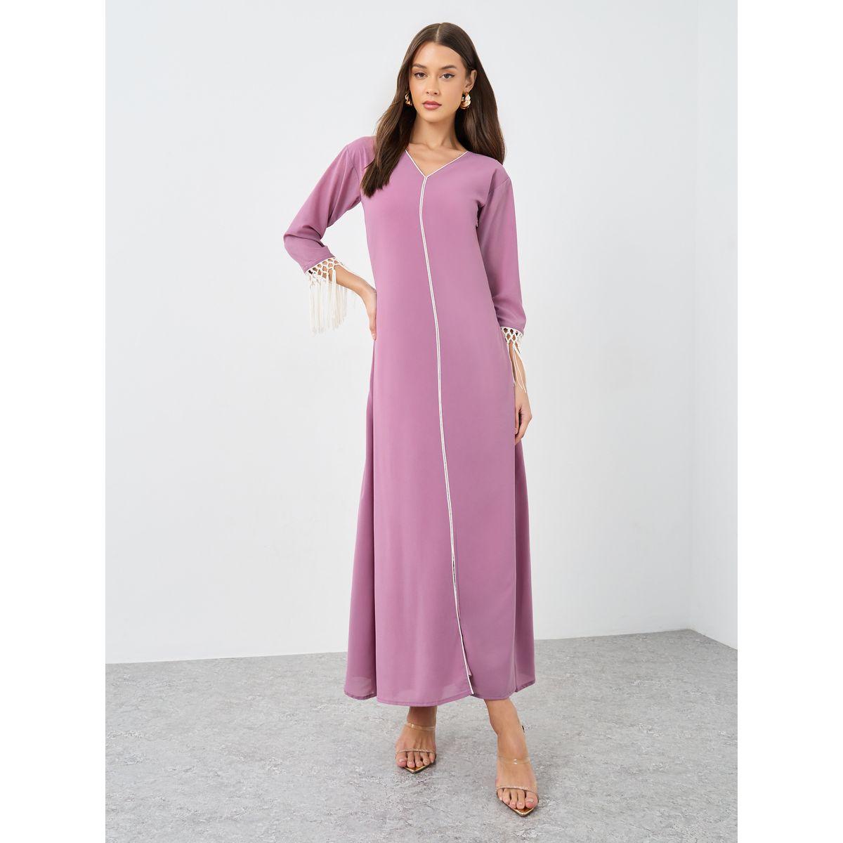 Maxim Creation Solid V-Neck A-Line Maxi Dress with Tassel Detail-women-clothing-dresses-image-2