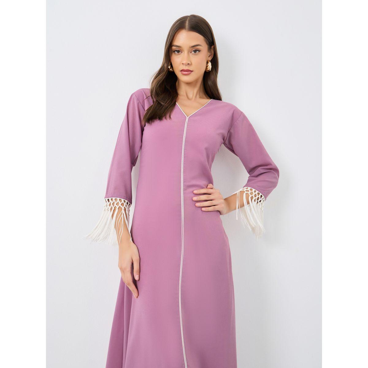 Maxim Creation Solid V-Neck A-Line Maxi Dress with Tassel Detail-women-clothing-dresses-image-3