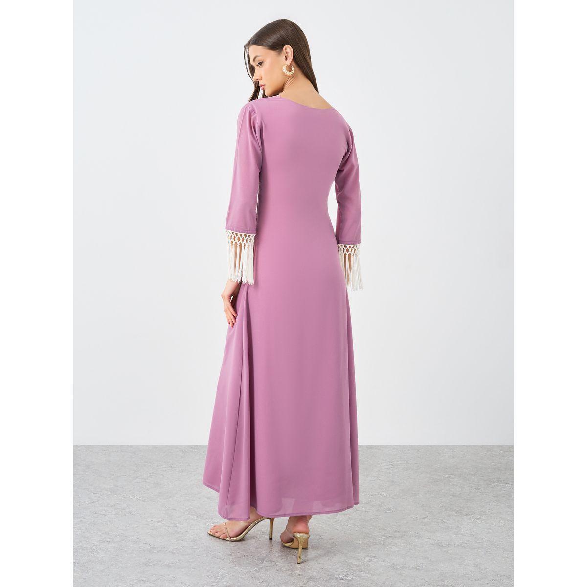 Maxim Creation Solid V-Neck A-Line Maxi Dress with Tassel Detail-women-clothing-dresses-image-5