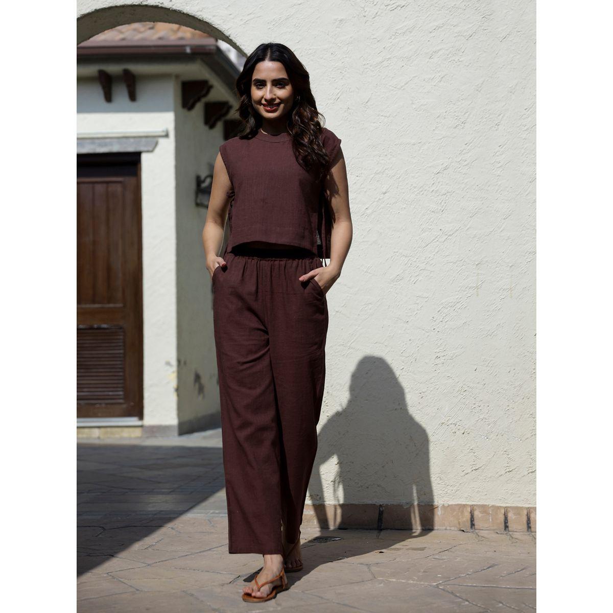 Sanskrutihomes Women Brown Solid Sleeveless Top and Pants Co-Ords-women-clothing-coordsets-image-1