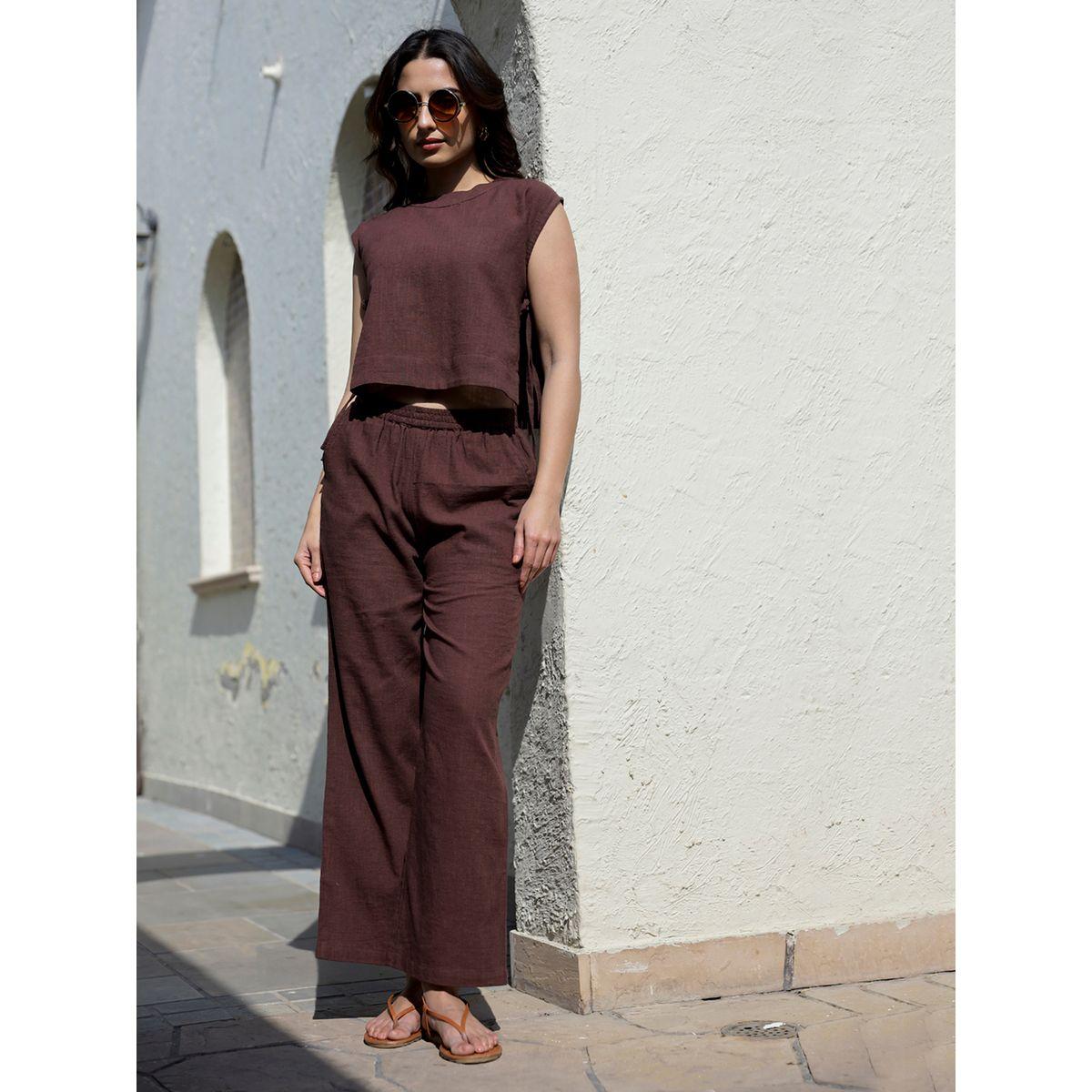 Sanskrutihomes Women Brown Solid Sleeveless Top and Pants Co-Ords-women-clothing-coordsets-image-3