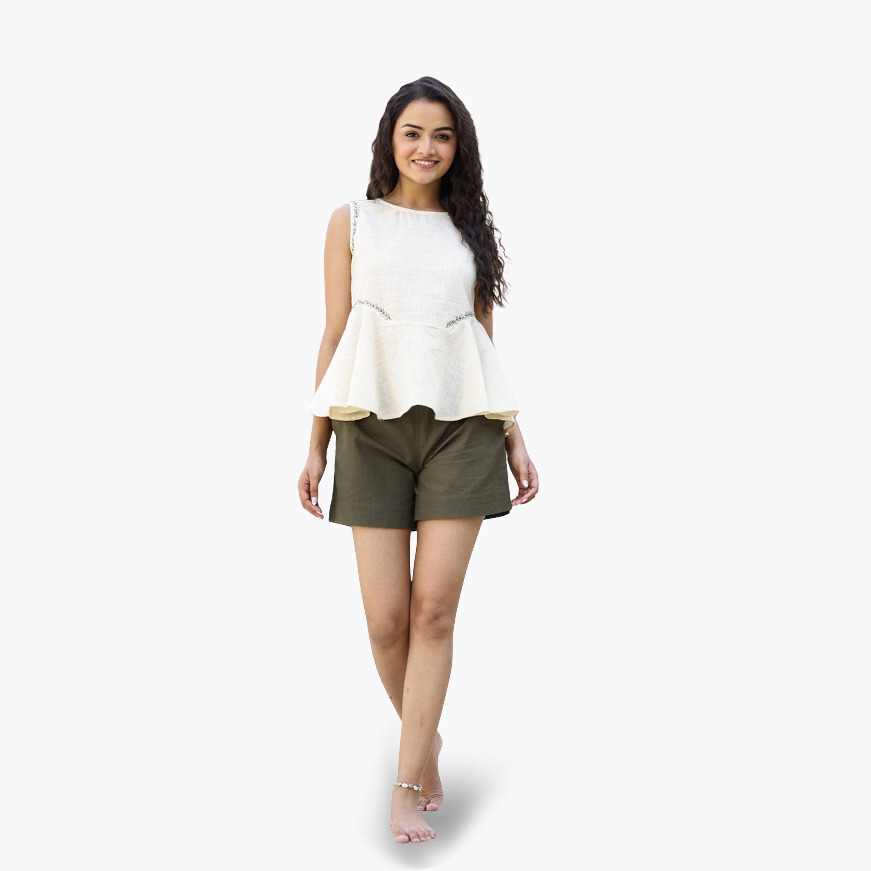 Sanskrutihomes Women Cream Embellished Top and Shorts Co-Ords-women-clothing-coordsets-image-2
