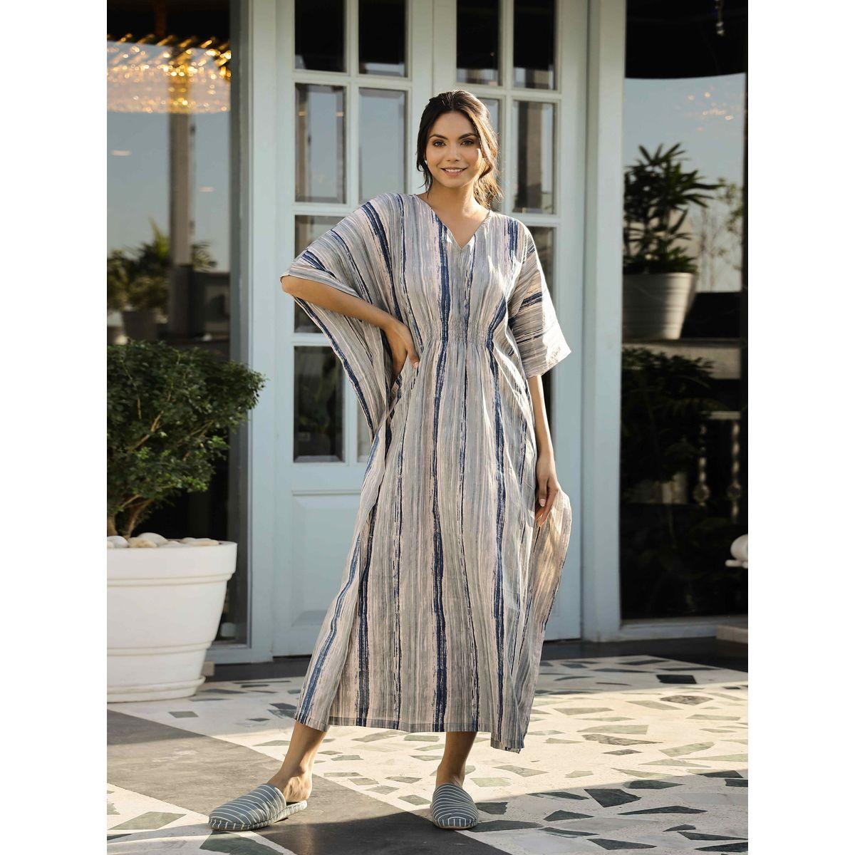 Sanskrutihomes Printed Pure Cotton V-Neck Kaftan Nightdress-women-clothing-nightwear-nighties-image-1