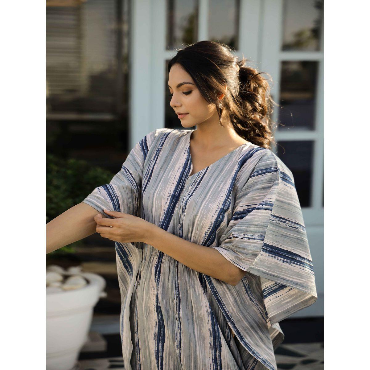 Sanskrutihomes Printed Pure Cotton V-Neck Kaftan Nightdress-women-clothing-nightwear-nighties-image-5
