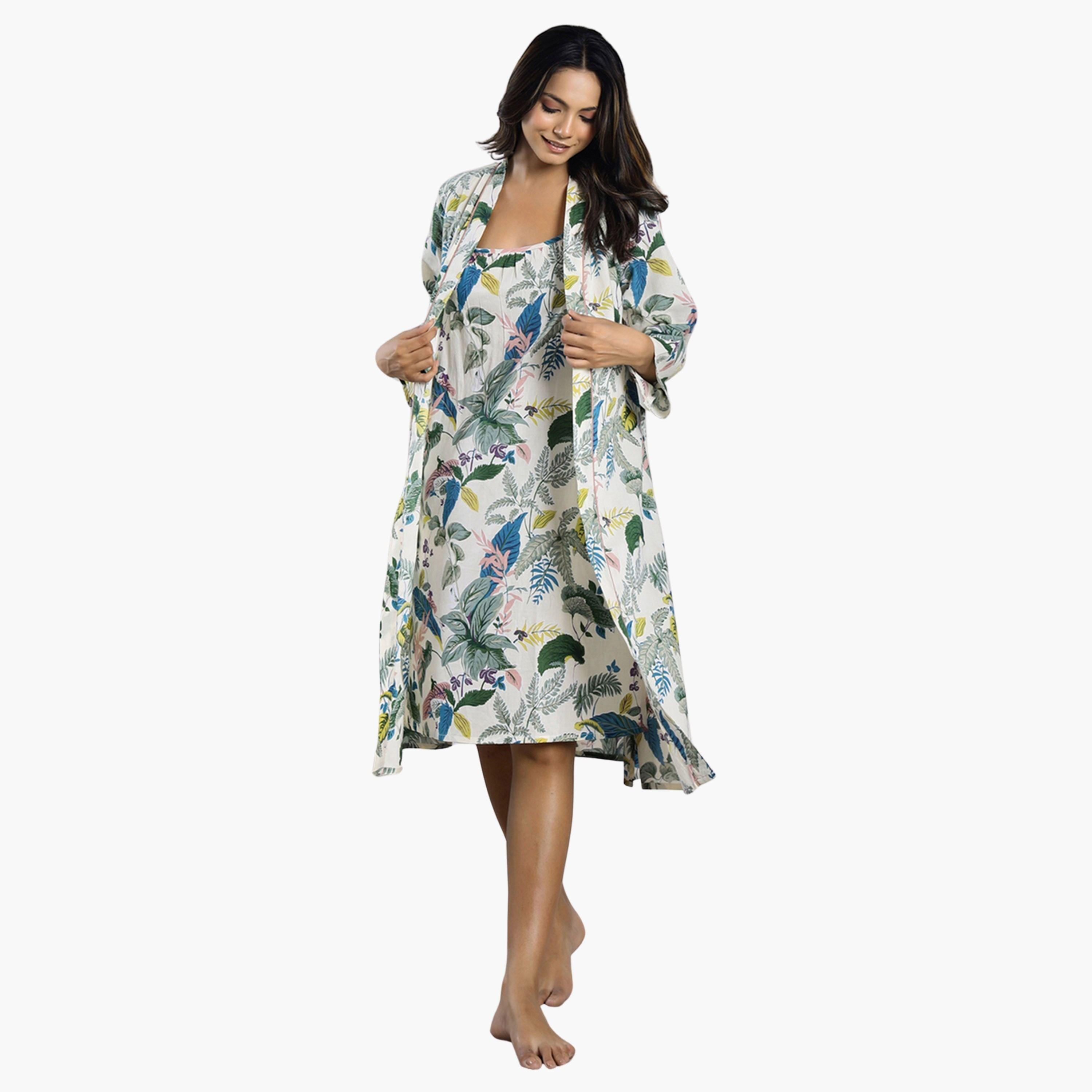 سانسكروتي هومز - قميص نوم قطني خالص مطبوع مع رداء-women-clothing-nightwear-nighties-image-1