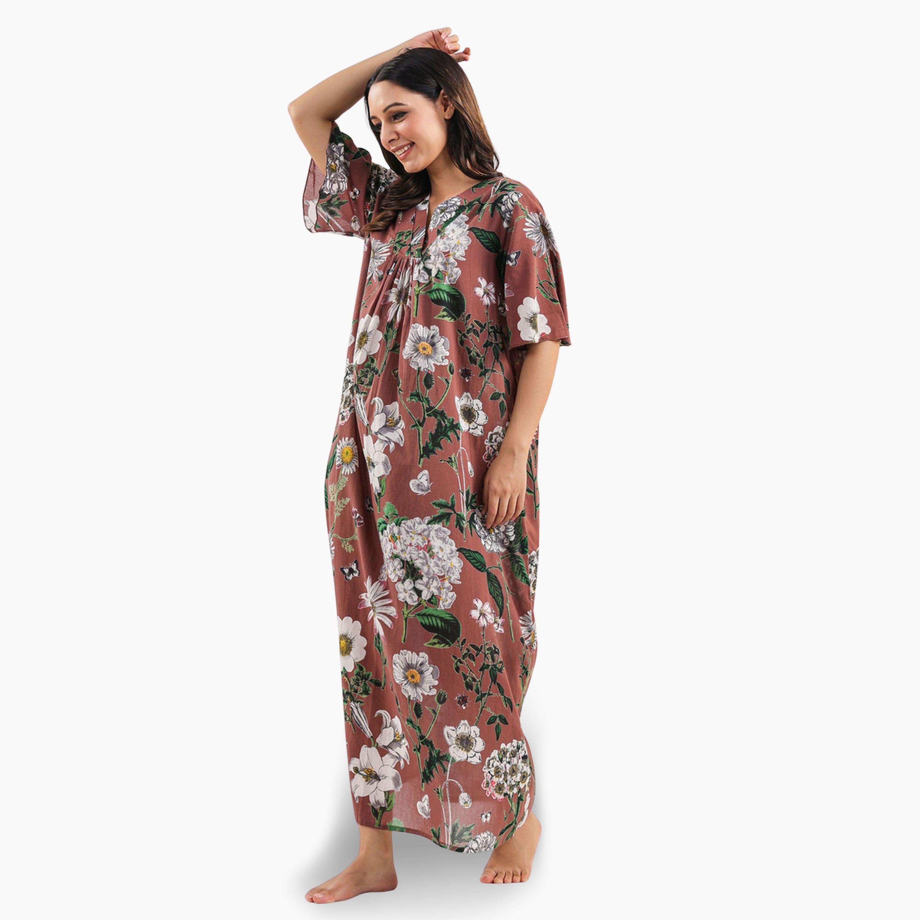 Sanskrutihomes Women Brown Pure Cotton Printed Nightdress-women-clothing-nightwear-nighties-image-4