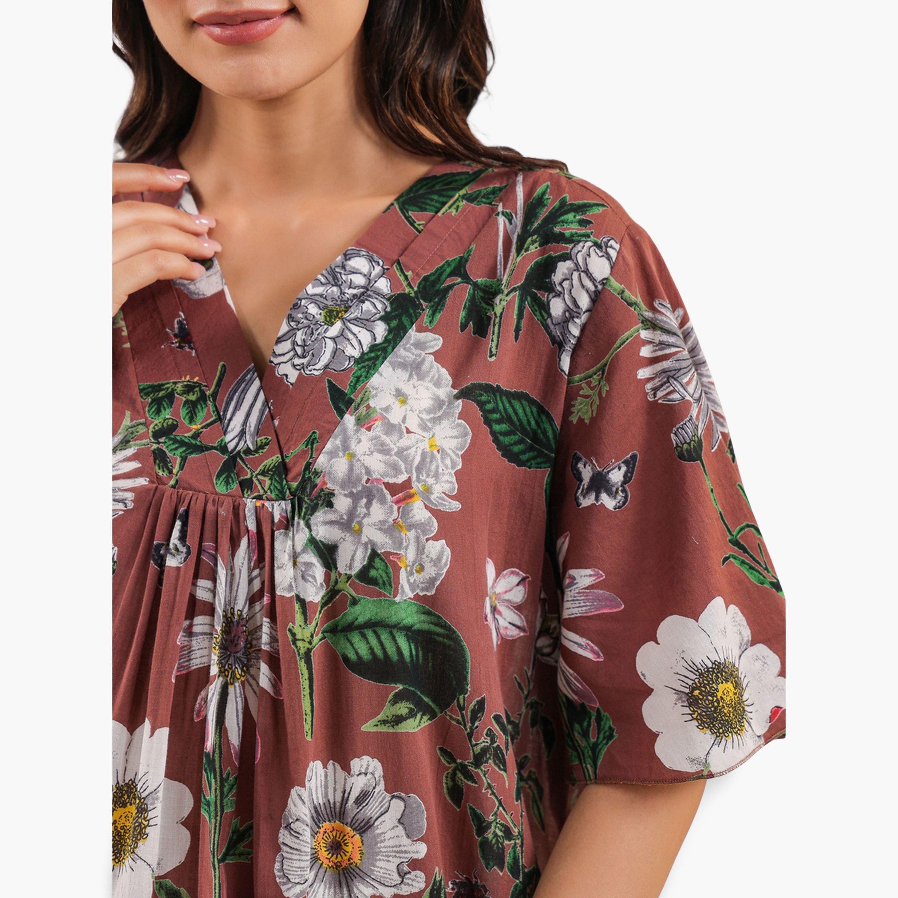 Sanskrutihomes Women Brown Pure Cotton Printed Nightdress-women-clothing-nightwear-nighties-image-5