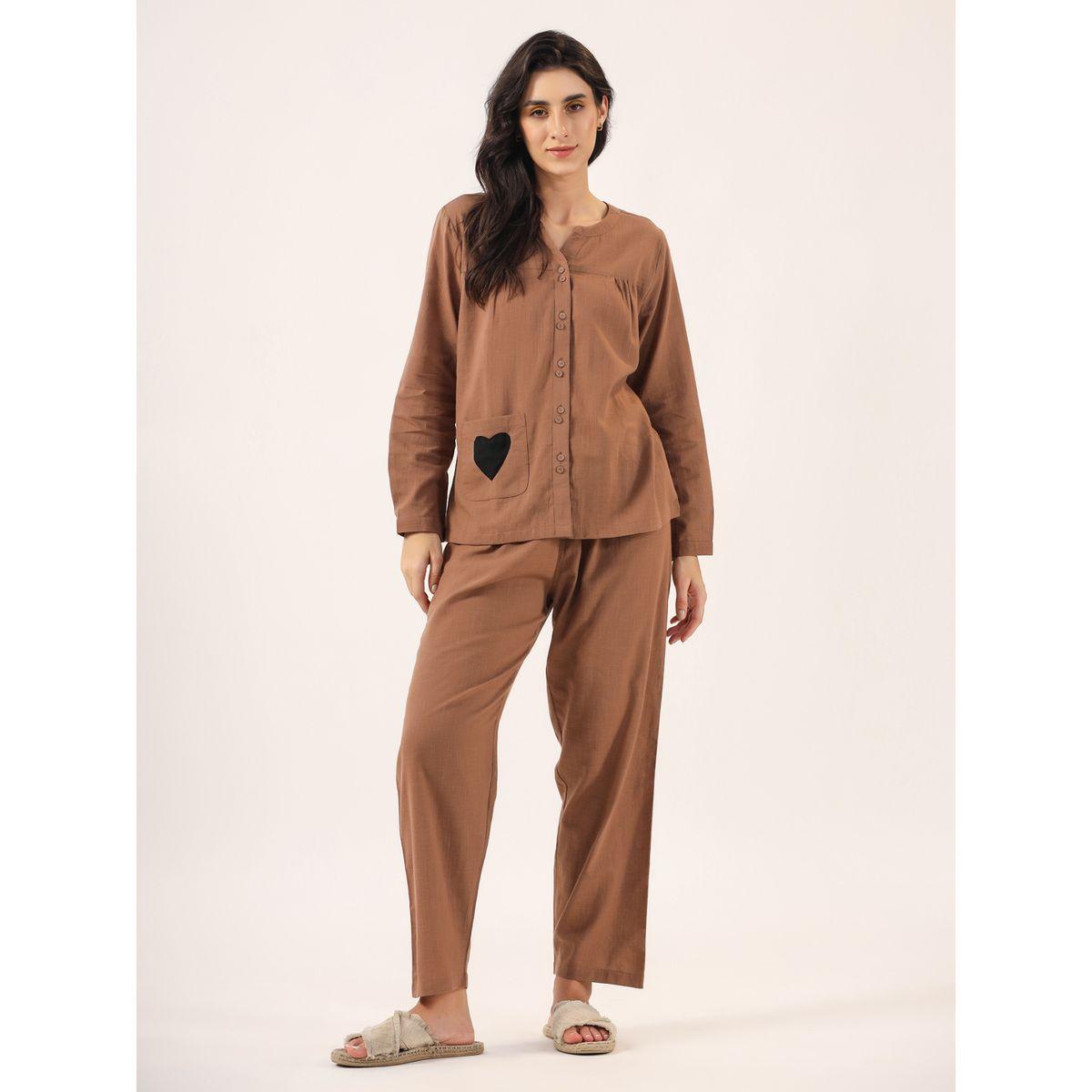 طقم من بنطال بيجاما وبلوزة سادة بأكمام طويلة-women-clothing-nightwear-pyjamas-longsets-image-1