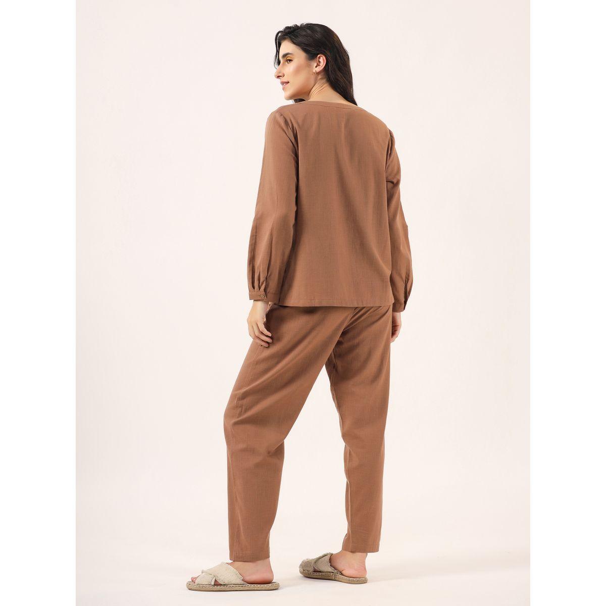 طقم من بنطال بيجاما وبلوزة سادة بأكمام طويلة-women-clothing-nightwear-pyjamas-longsets-image-2