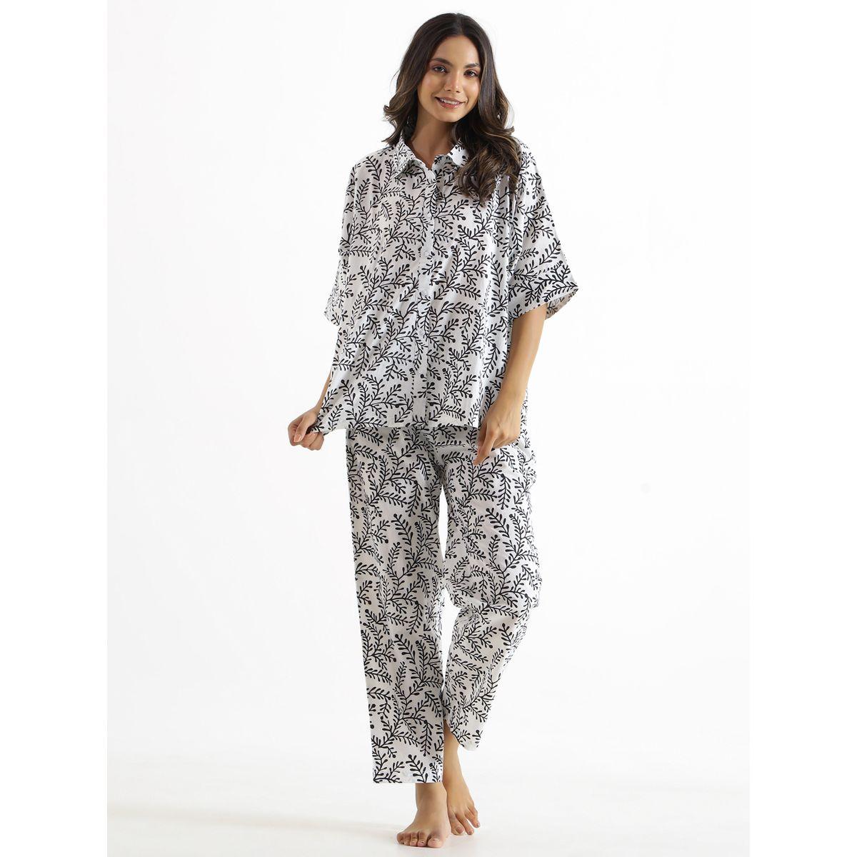 Sanskrutihomes Women Leaf Printed Pure Cotton Shirt and Pyjama Set-women-clothing-nightwear-pyjamas-longsets-image-1