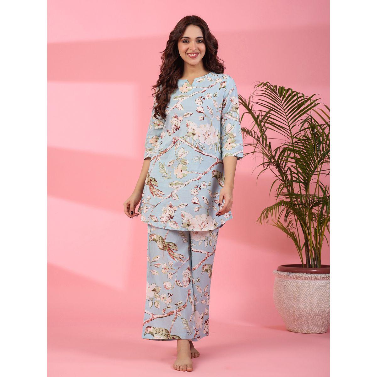 طقم من بنطال بيجاما وبلوزة قطنية بطبعة زهور-women-clothing-nightwear-pyjamas-longsets-image-1