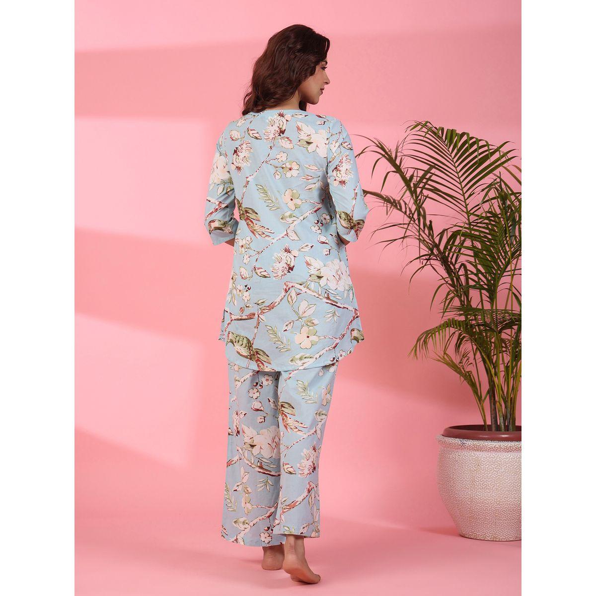 طقم من بنطال بيجاما وبلوزة قطنية بطبعة زهور-women-clothing-nightwear-pyjamas-longsets-image-2