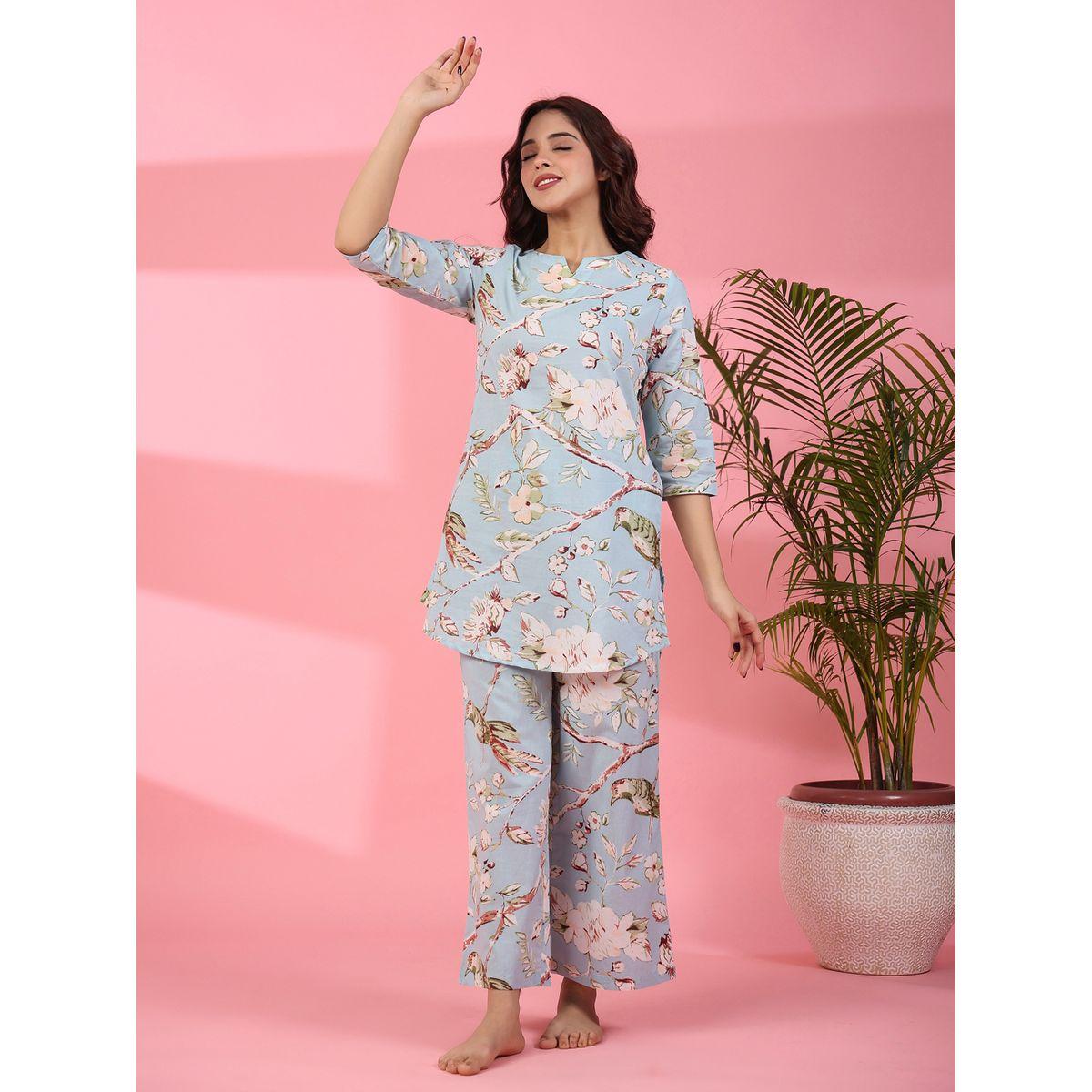 طقم من بنطال بيجاما وبلوزة قطنية بطبعة زهور-women-clothing-nightwear-pyjamas-longsets-image-3