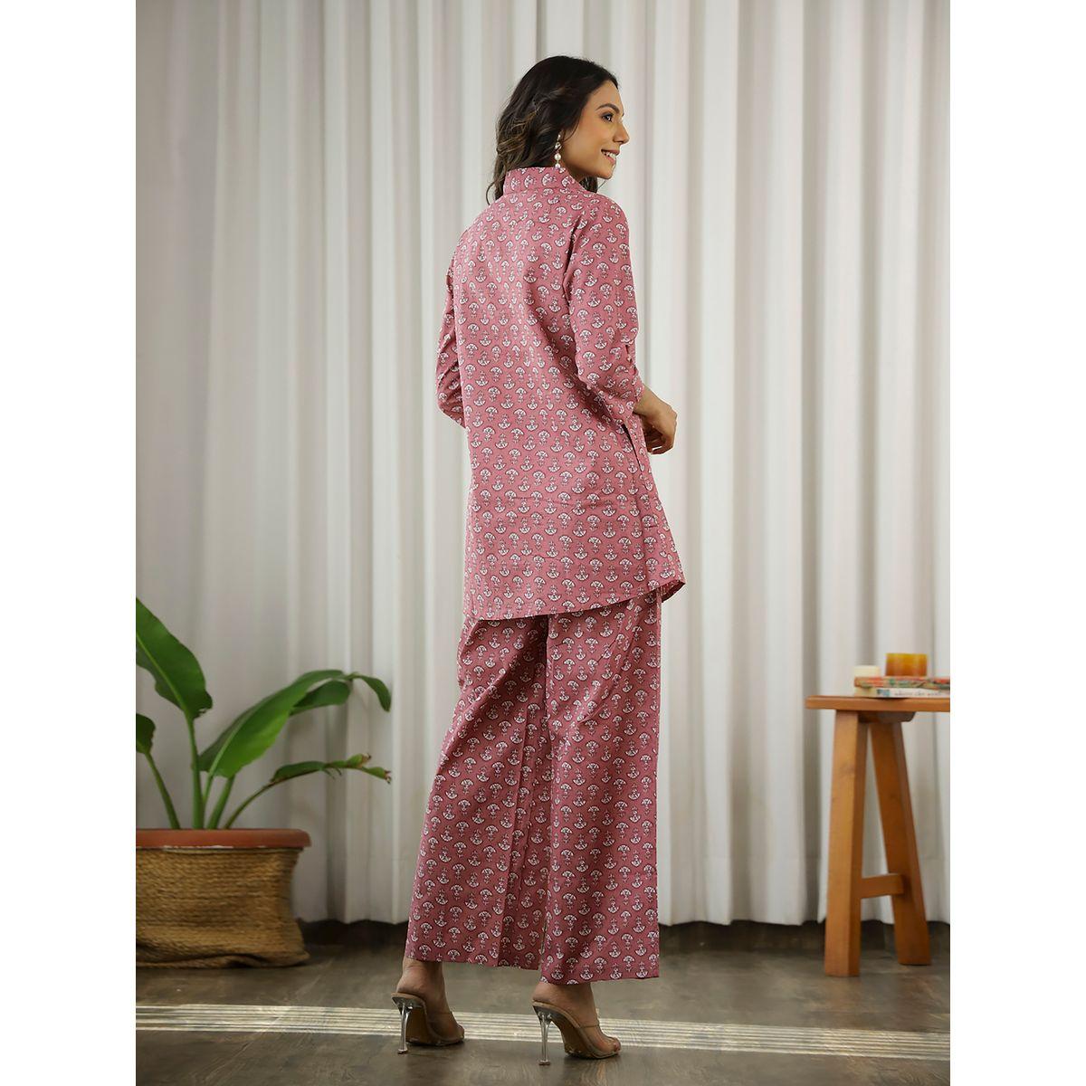 Sanskrutihomes Printed Collared Buttoned Shirt and Pyjama Set-women-clothing-nightwear-pyjamas-longsets-image-2