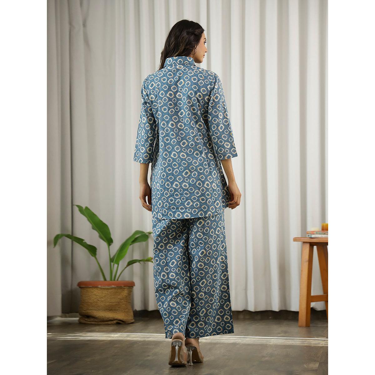 Sanskrutihomes Printed Collared Buttoned Shirt and Pyjama Set-women-clothing-nightwear-pyjamas-longsets-image-3