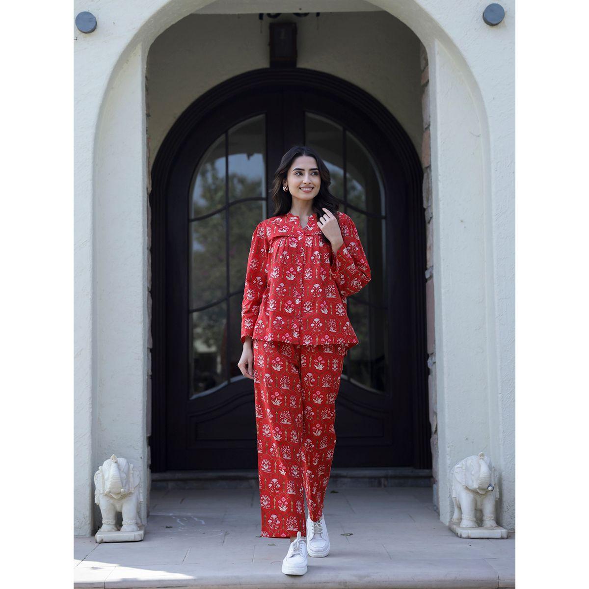 Sanskrutihomes Floral Printed Pure Cotton Shirt and Pyjama Set-women-clothing-nightwear-pyjamas-longsets-image-1