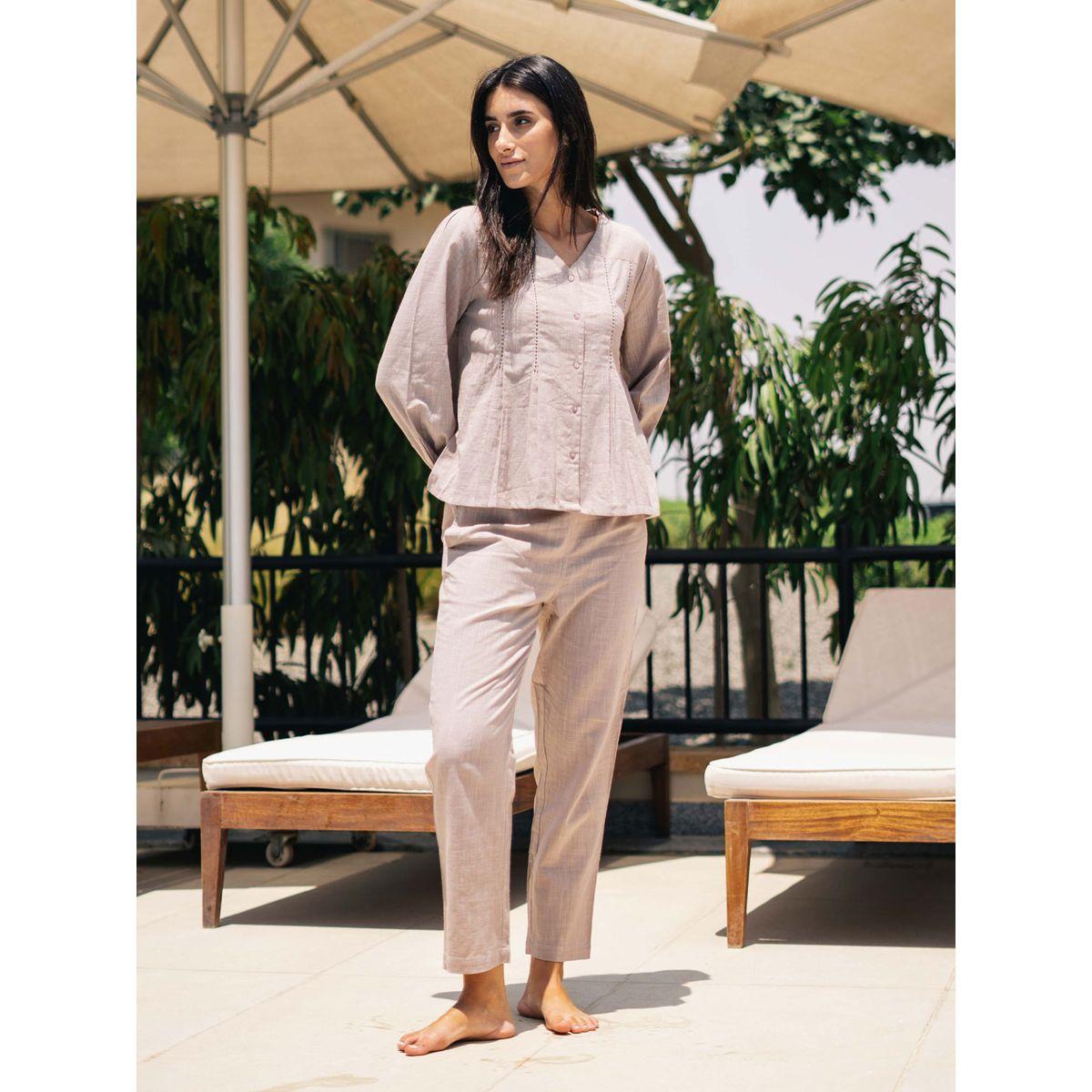 طقم من بنطال بيجاما وبلوزة قطنية سادة-women-clothing-nightwear-pyjamas-longsets-image-1