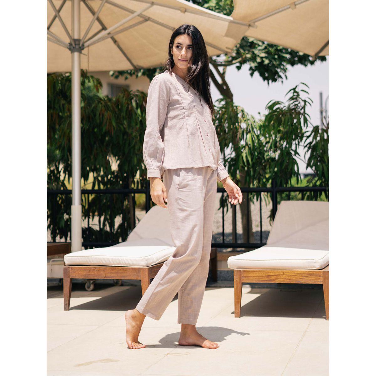 طقم من بنطال بيجاما وبلوزة قطنية سادة-women-clothing-nightwear-pyjamas-longsets-image-2