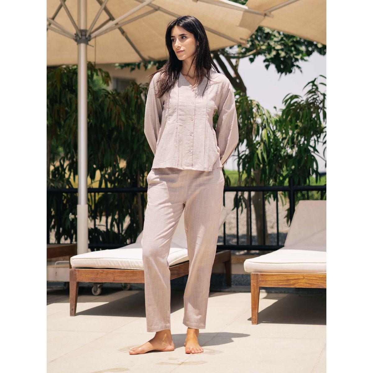 طقم من بنطال بيجاما وبلوزة قطنية سادة-women-clothing-nightwear-pyjamas-longsets-image-3