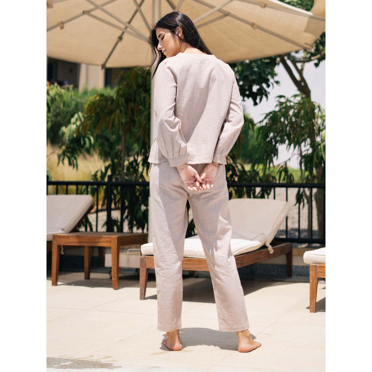 طقم من بنطال بيجاما وبلوزة قطنية سادة-women-clothing-nightwear-pyjamas-longsets-image-5