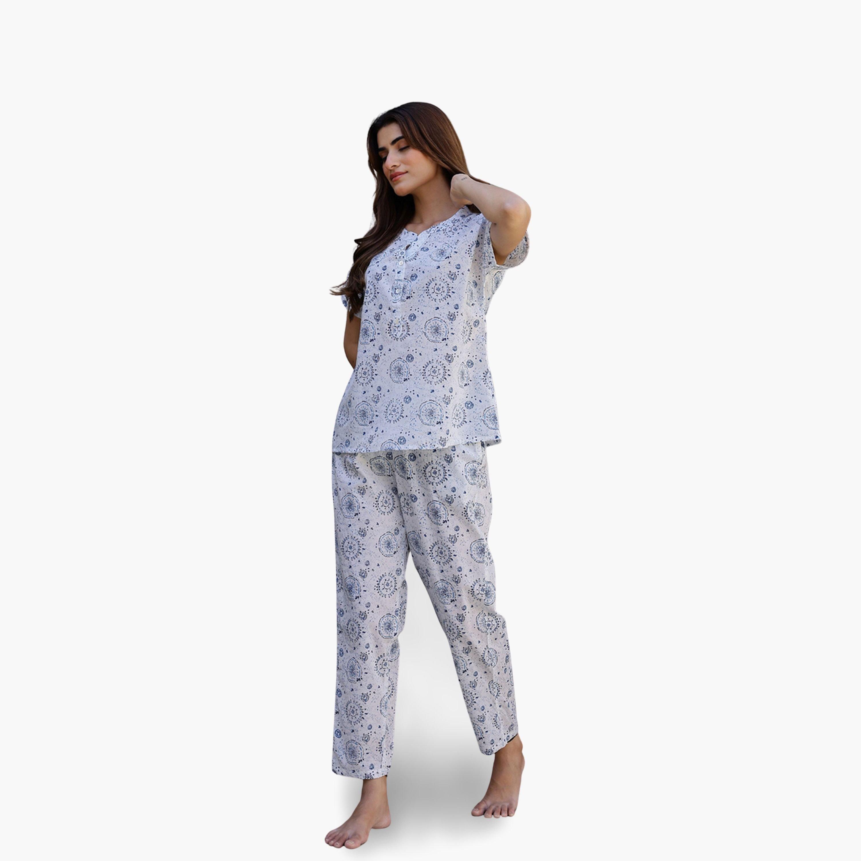 طقم بيجاما نسائي من بلوزة وبنطال قطن خالص بطبعة عرقية-women-clothing-nightwear-pyjamas-longsets-image-1