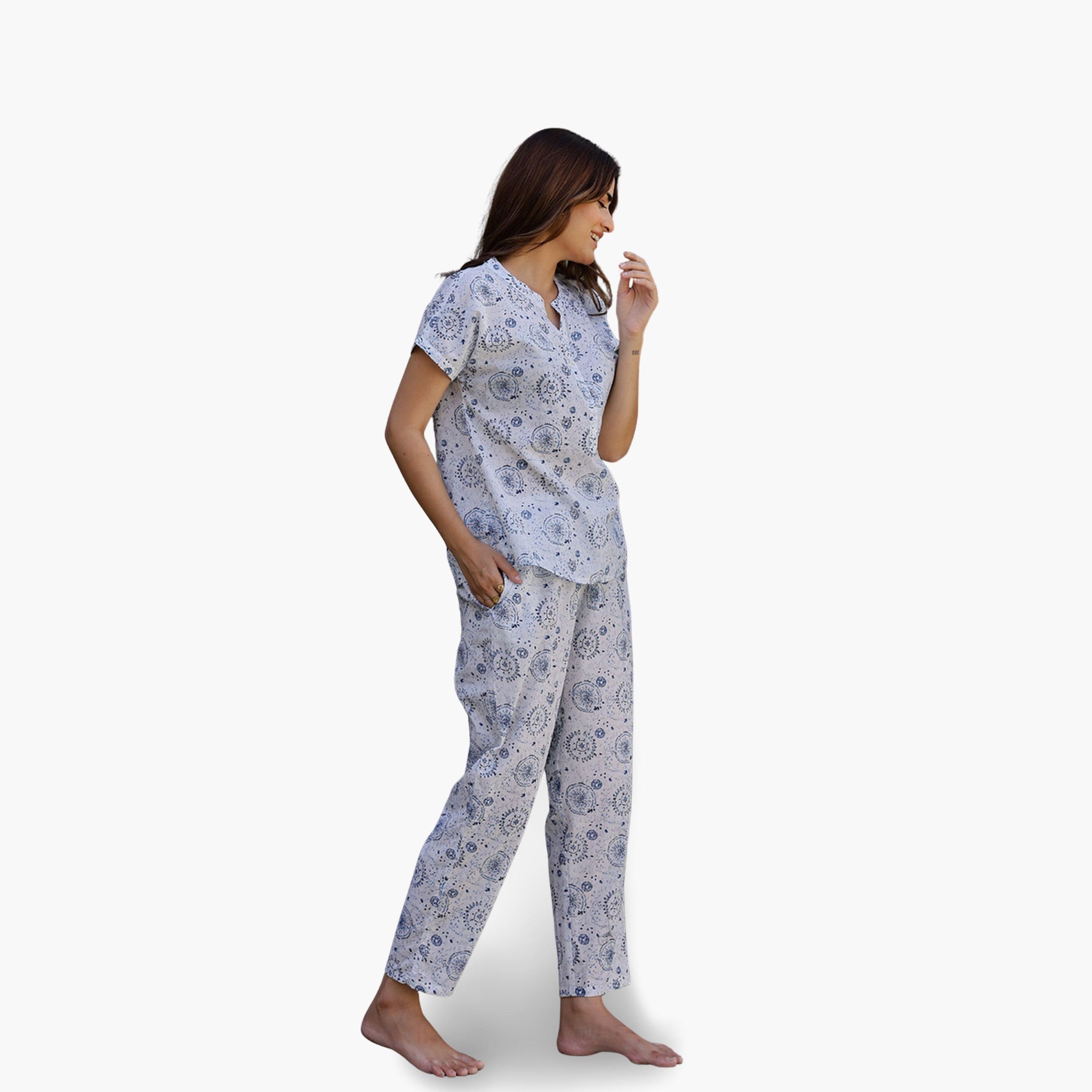 طقم بيجاما نسائي من بلوزة وبنطال قطن خالص بطبعة عرقية-women-clothing-nightwear-pyjamas-longsets-image-3