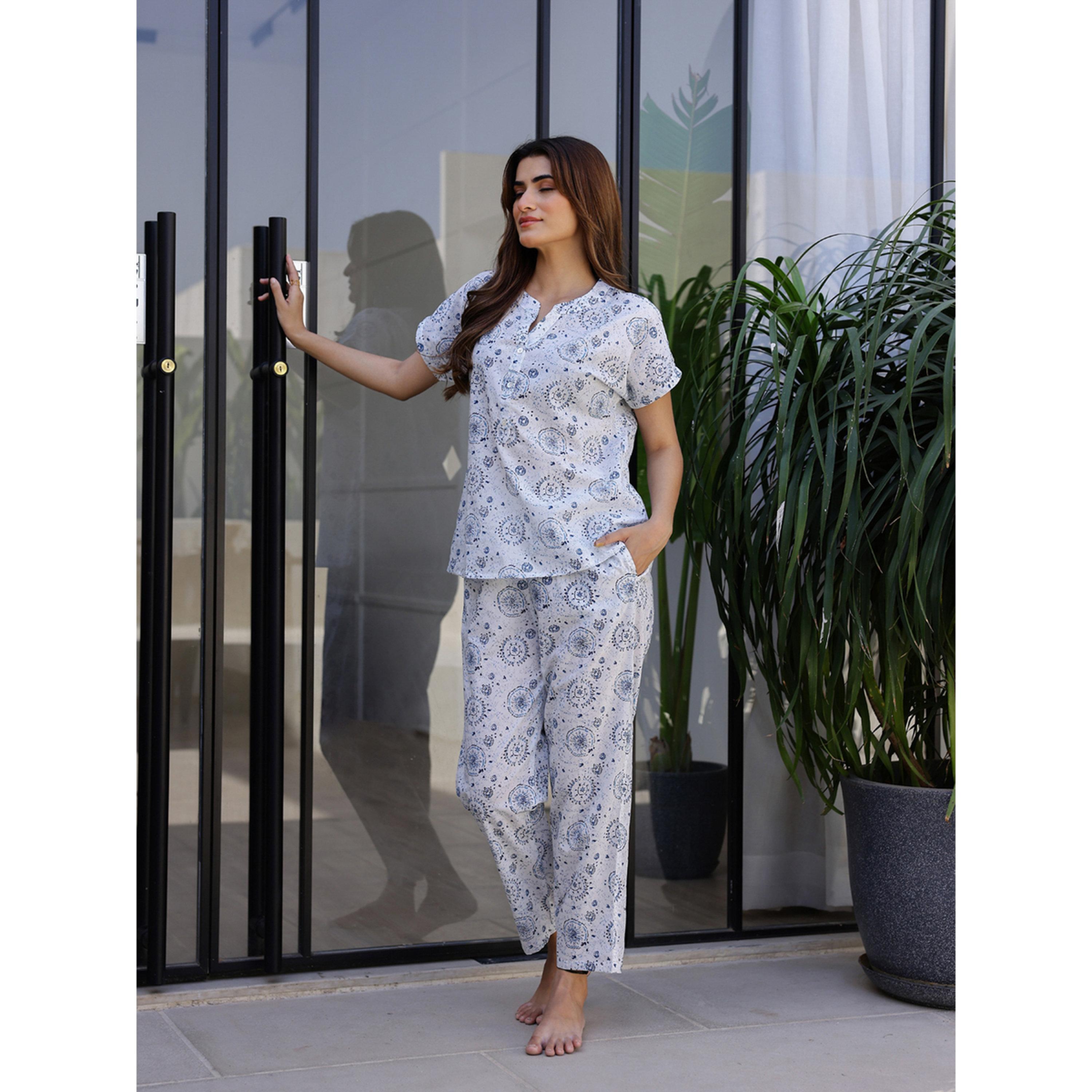 طقم بيجاما نسائي من بلوزة وبنطال قطن خالص بطبعة عرقية-women-clothing-nightwear-pyjamas-longsets-image-4