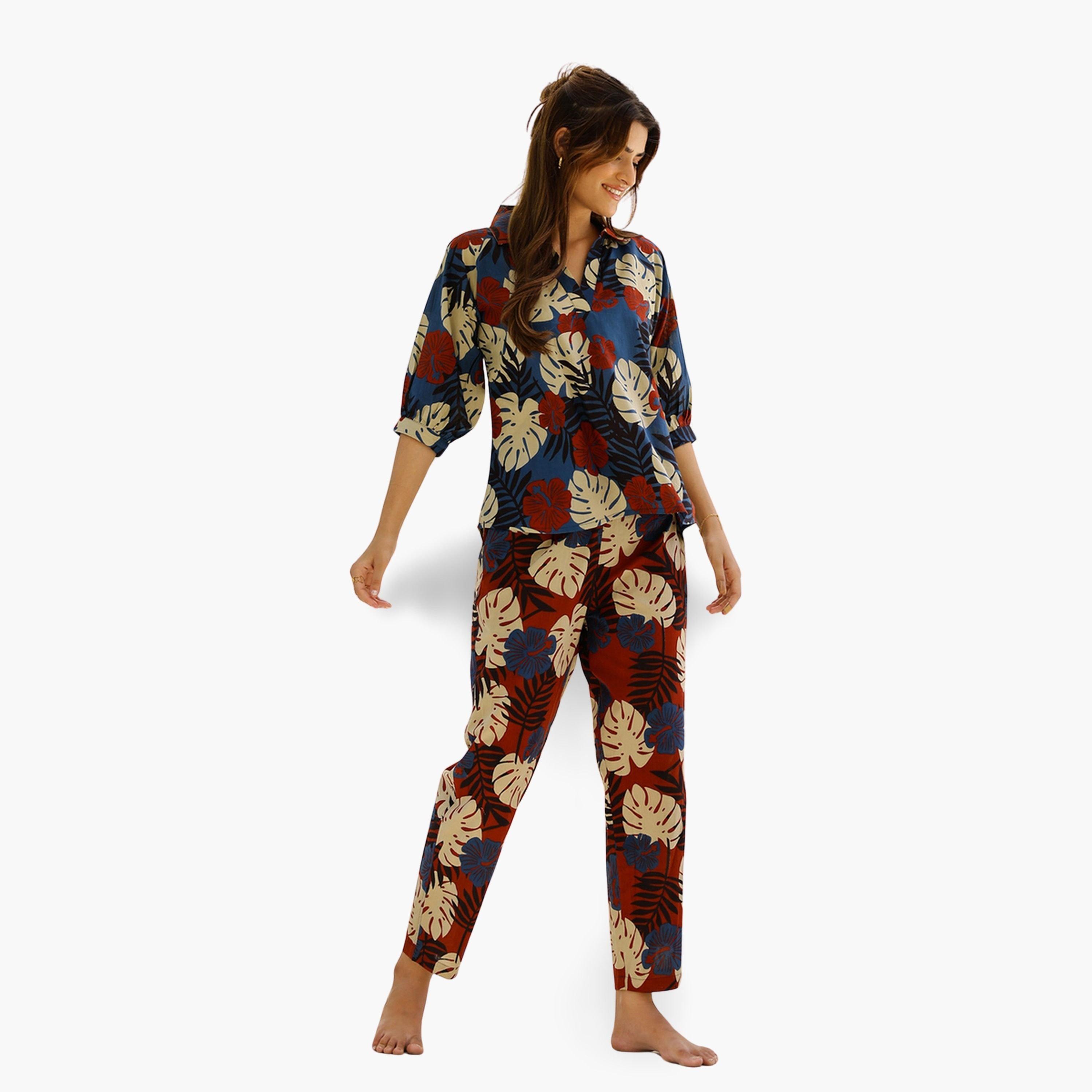 Sanskrutihomes Women Tropical Printed Pure Cotton Top and Pyjama Set-women-clothing-nightwear-pyjamas-longsets-image-1