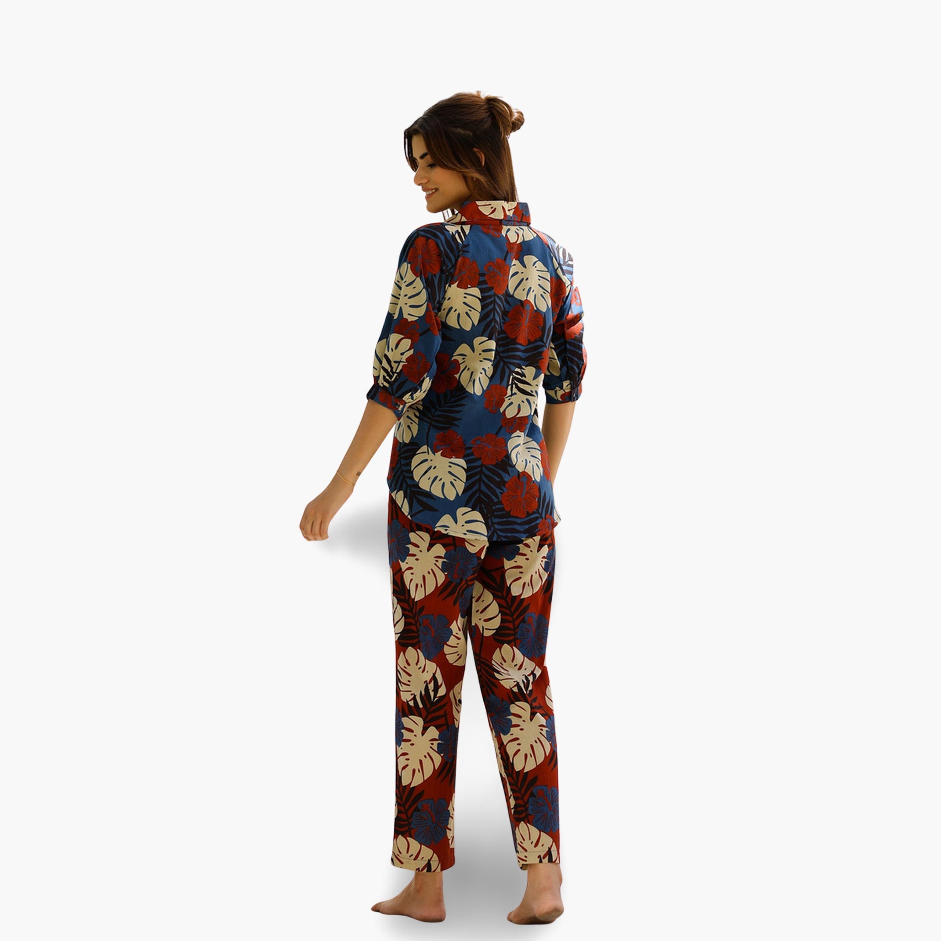 طقم بيجاما نسائي من بلوزة وبنطال قطن خالص بطبعة استوائية-women-clothing-nightwear-pyjamas-longsets-image-2
