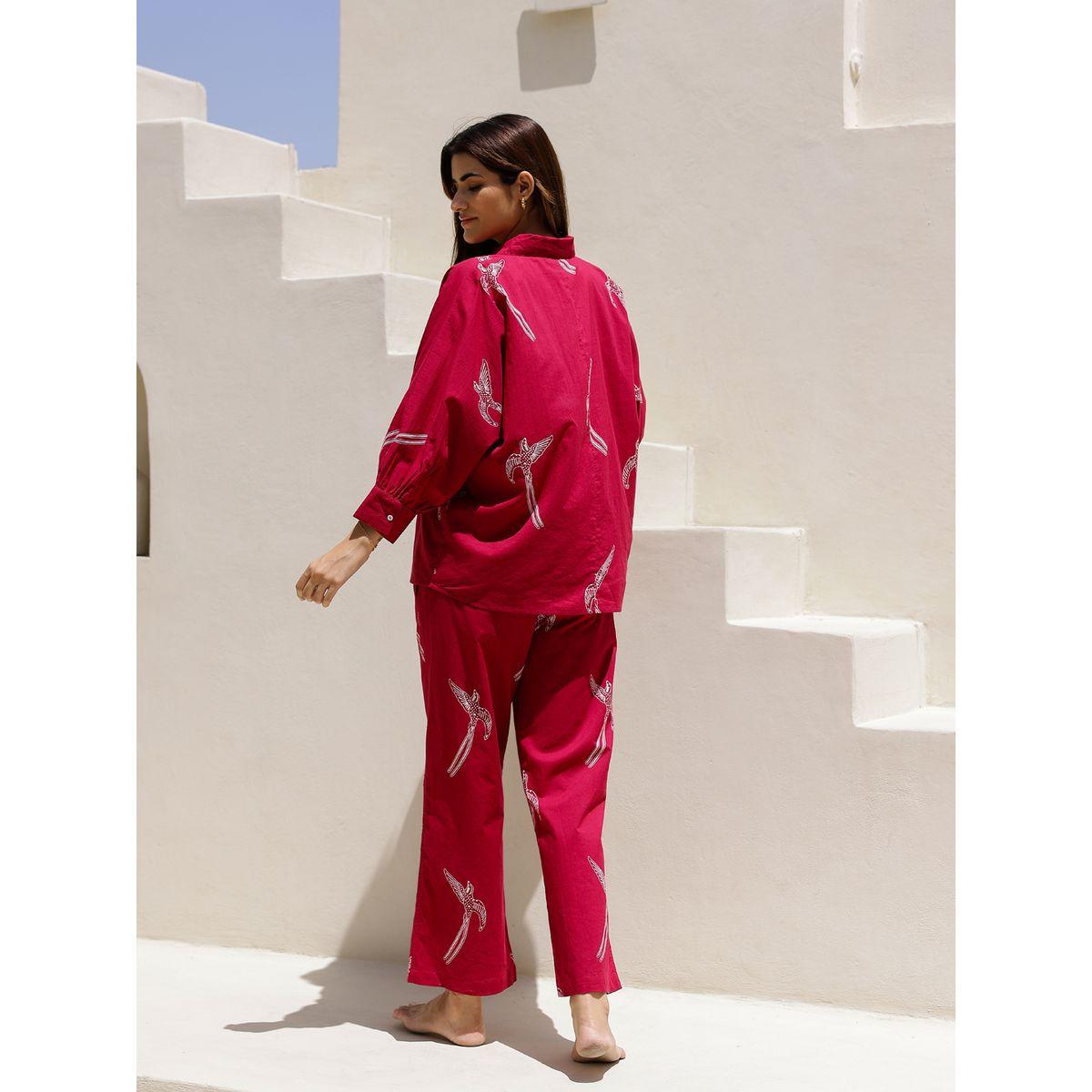 طقم من بنطال بيجاما وبلوزة قطنية مطبعة-women-clothing-nightwear-pyjamas-longsets-image-2